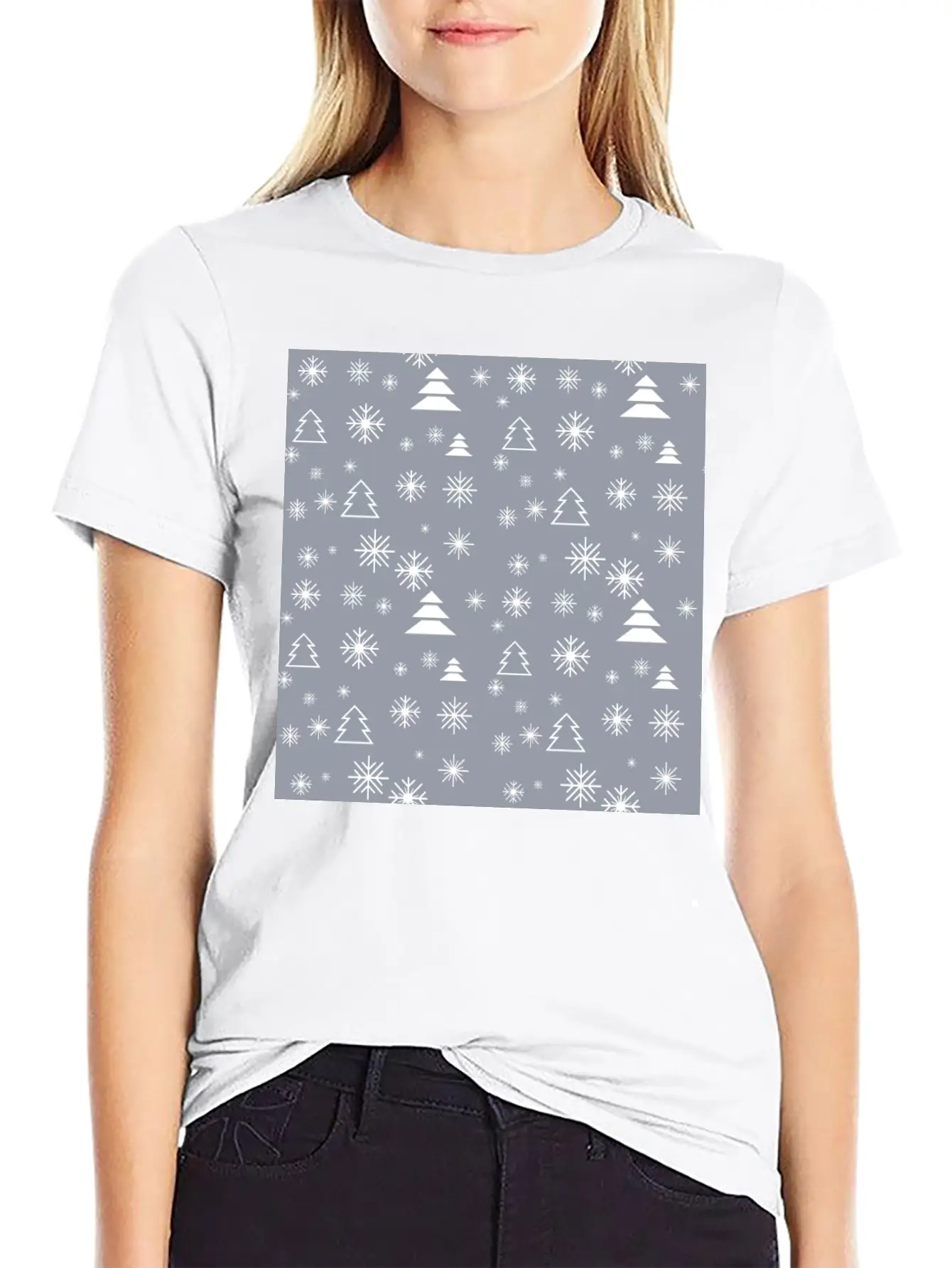 Modern Minimal Christmas Trees Pattern Snowflakes Classic Fit Graphic Tee For Daily Comfort – Unisex Cotton Shirt