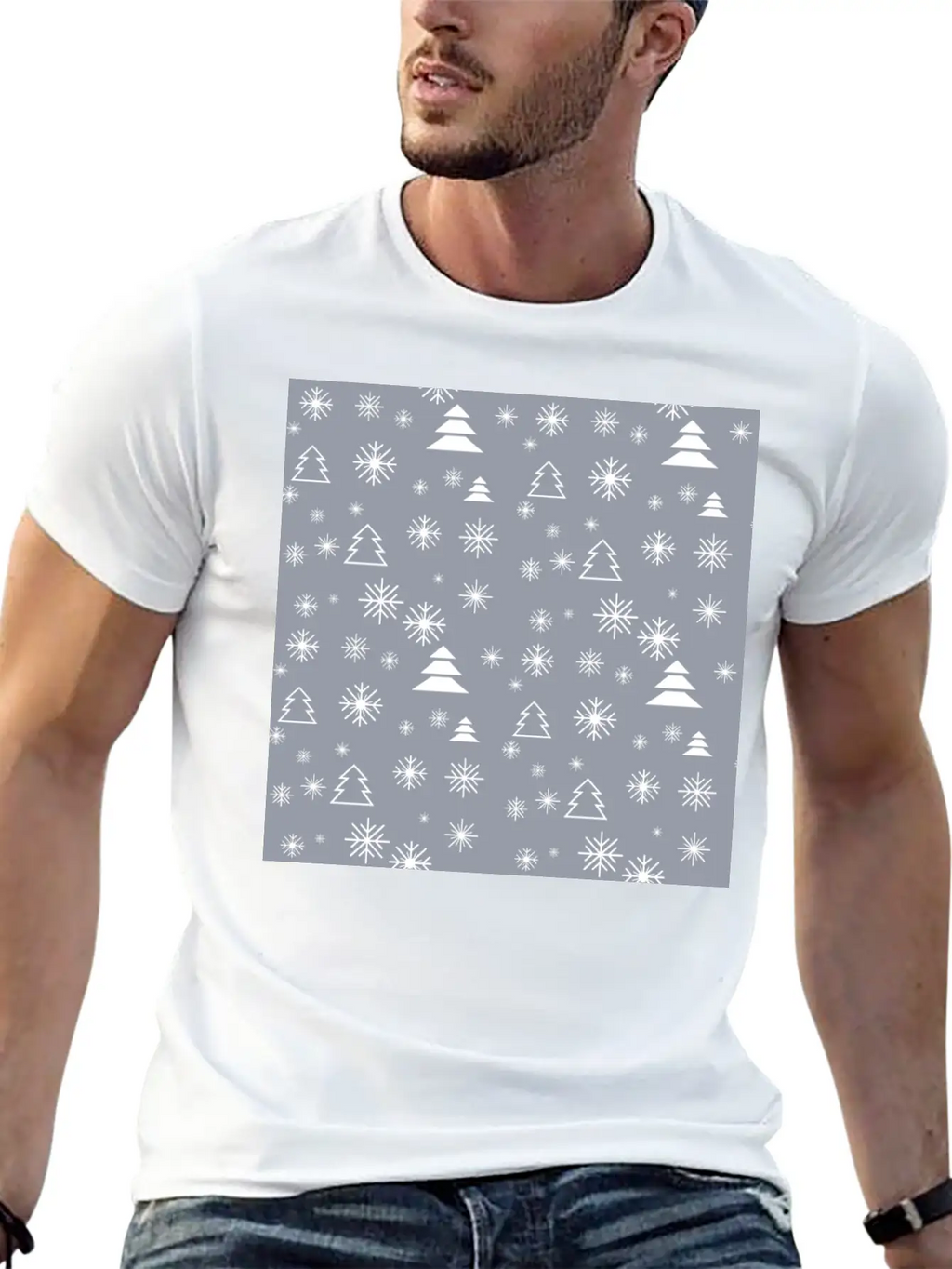 Modern Minimal Christmas Trees Pattern Snowflakes Classic Fit Graphic Tee For Daily Comfort – Unisex Cotton Shirt