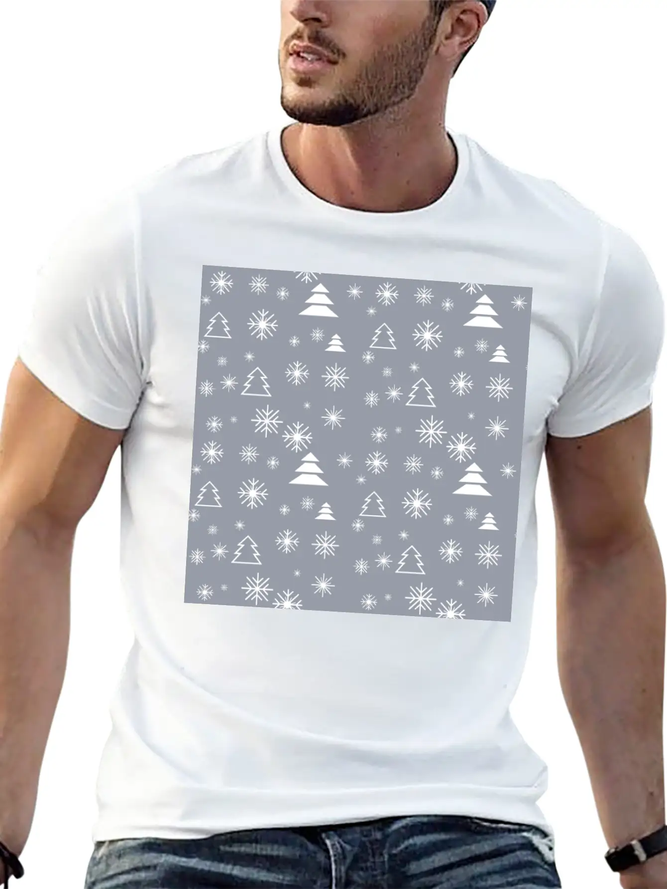 Modern Minimal Christmas Trees Pattern Snowflakes Classic Fit Graphic Tee For Daily Comfort – Unisex Cotton Shirt