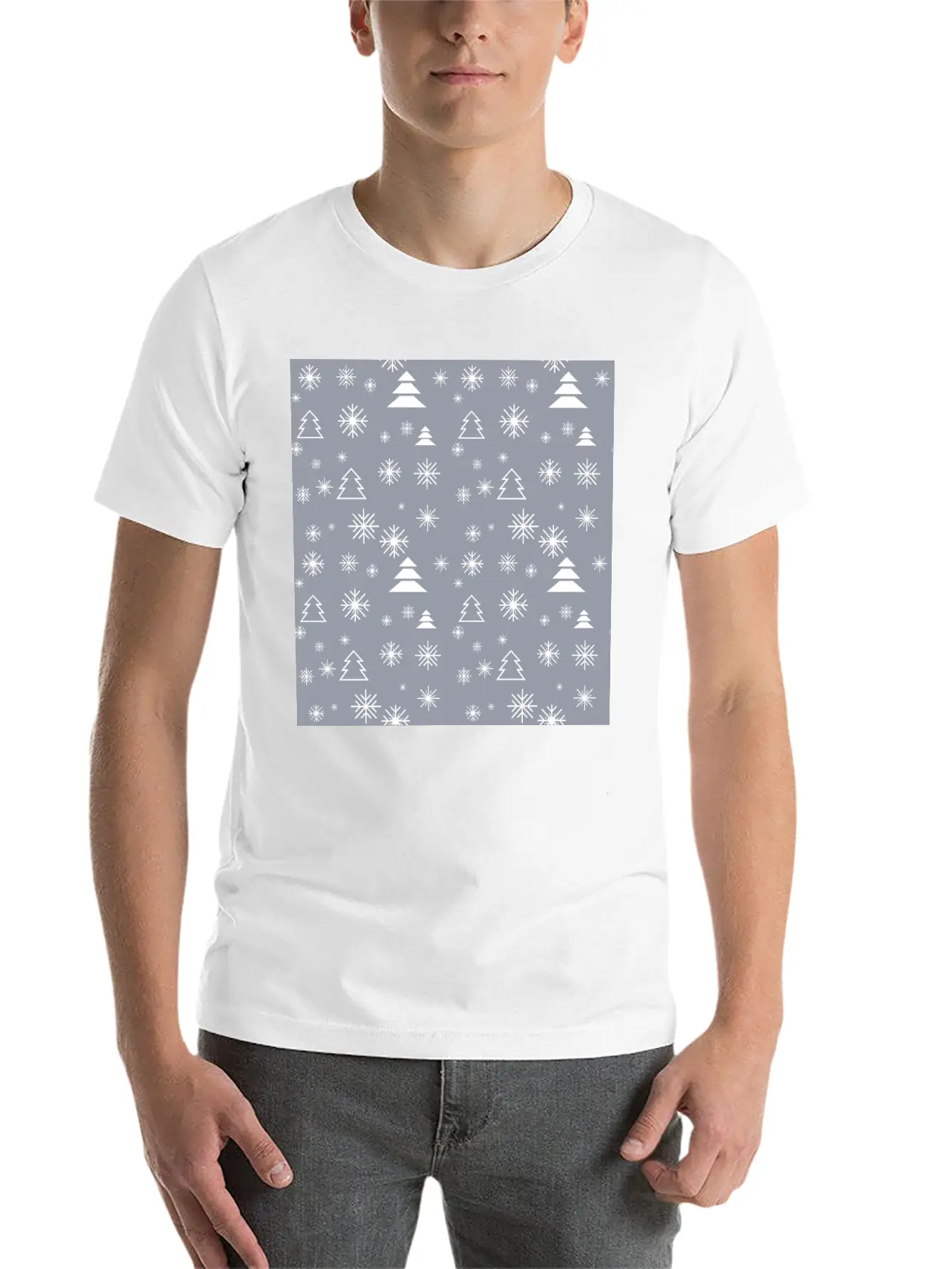 Modern Minimal Christmas Trees Pattern Snowflakes Classic Fit Graphic Tee For Daily Comfort – Unisex Cotton Shirt