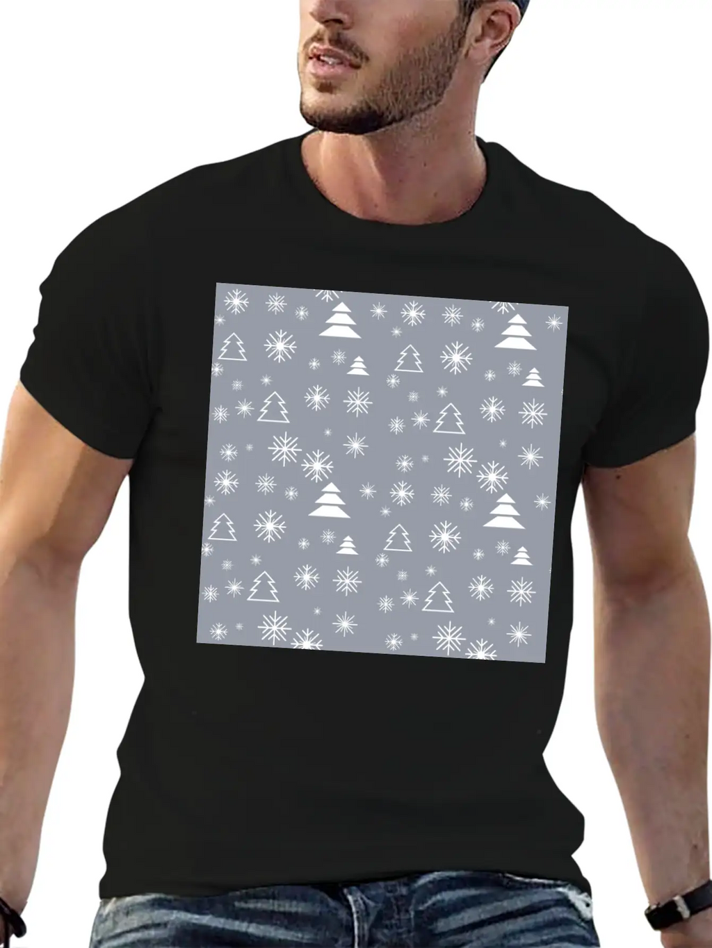 Modern Minimal Christmas Trees Pattern Snowflakes Classic Fit Graphic Tee For Daily Comfort – Unisex Cotton Shirt