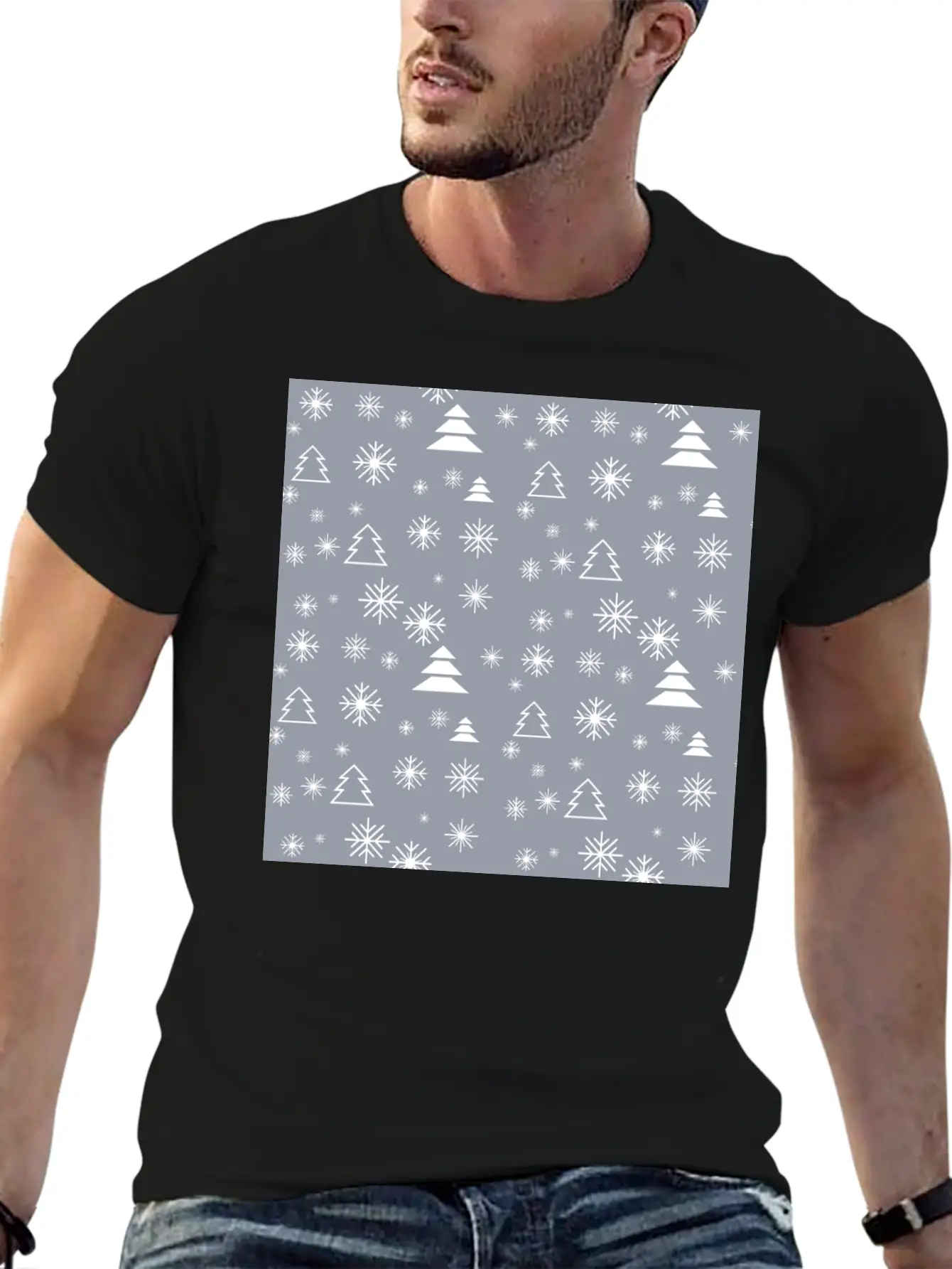 Modern Minimal Christmas Trees Pattern Snowflakes Classic Fit Graphic Tee For Daily Comfort – Unisex Cotton Shirt
