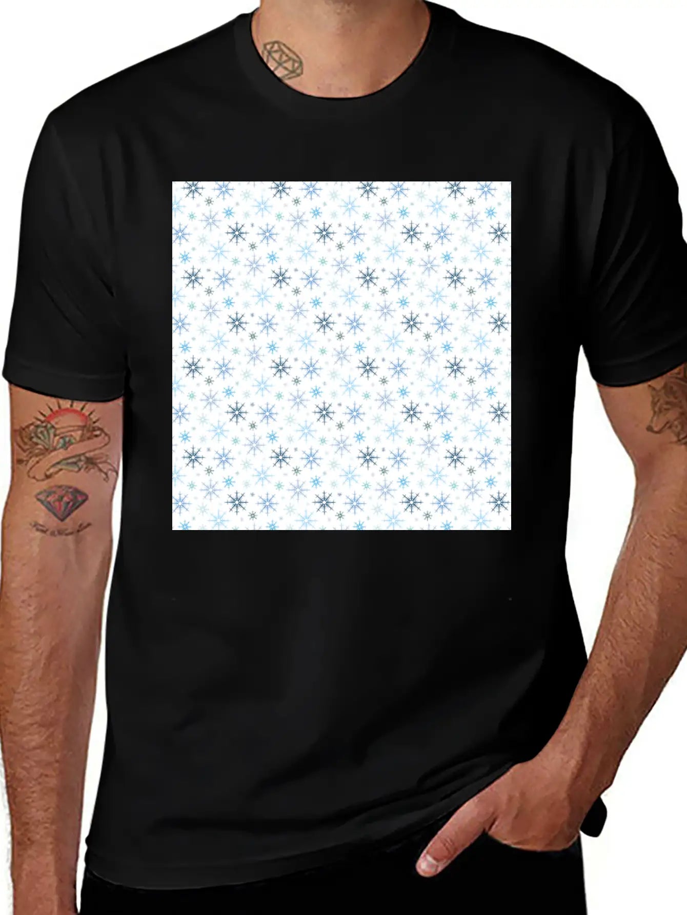 Modern Snowflakes Pattern White Blue Unisex Casual T-Shirt – Clean Design For Daily Comfort