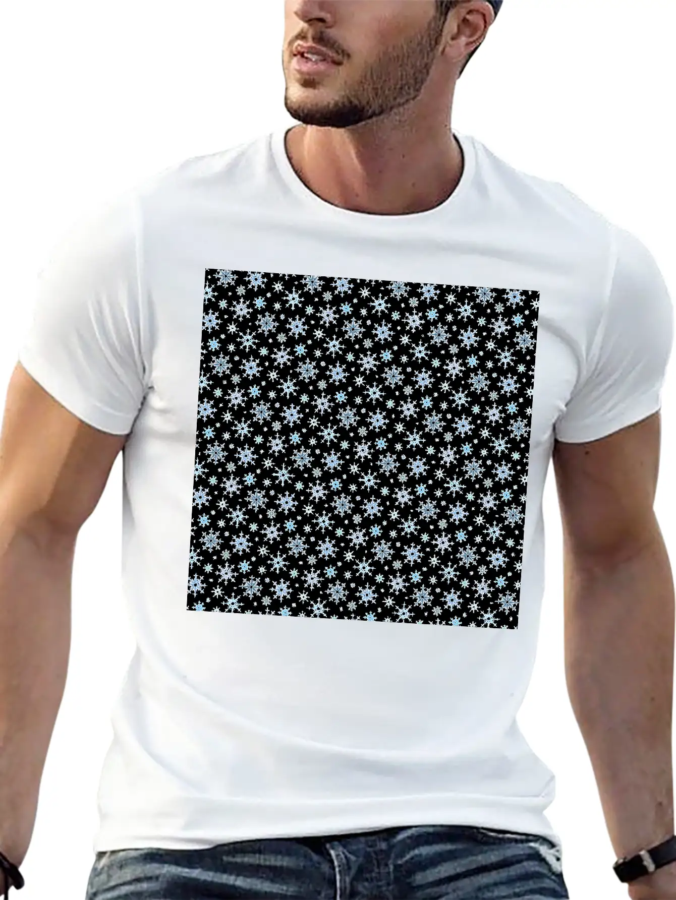 Modern Snowflakes Pattern White Blue Unisex Casual T-Shirt – Clean Design For Daily Comfort