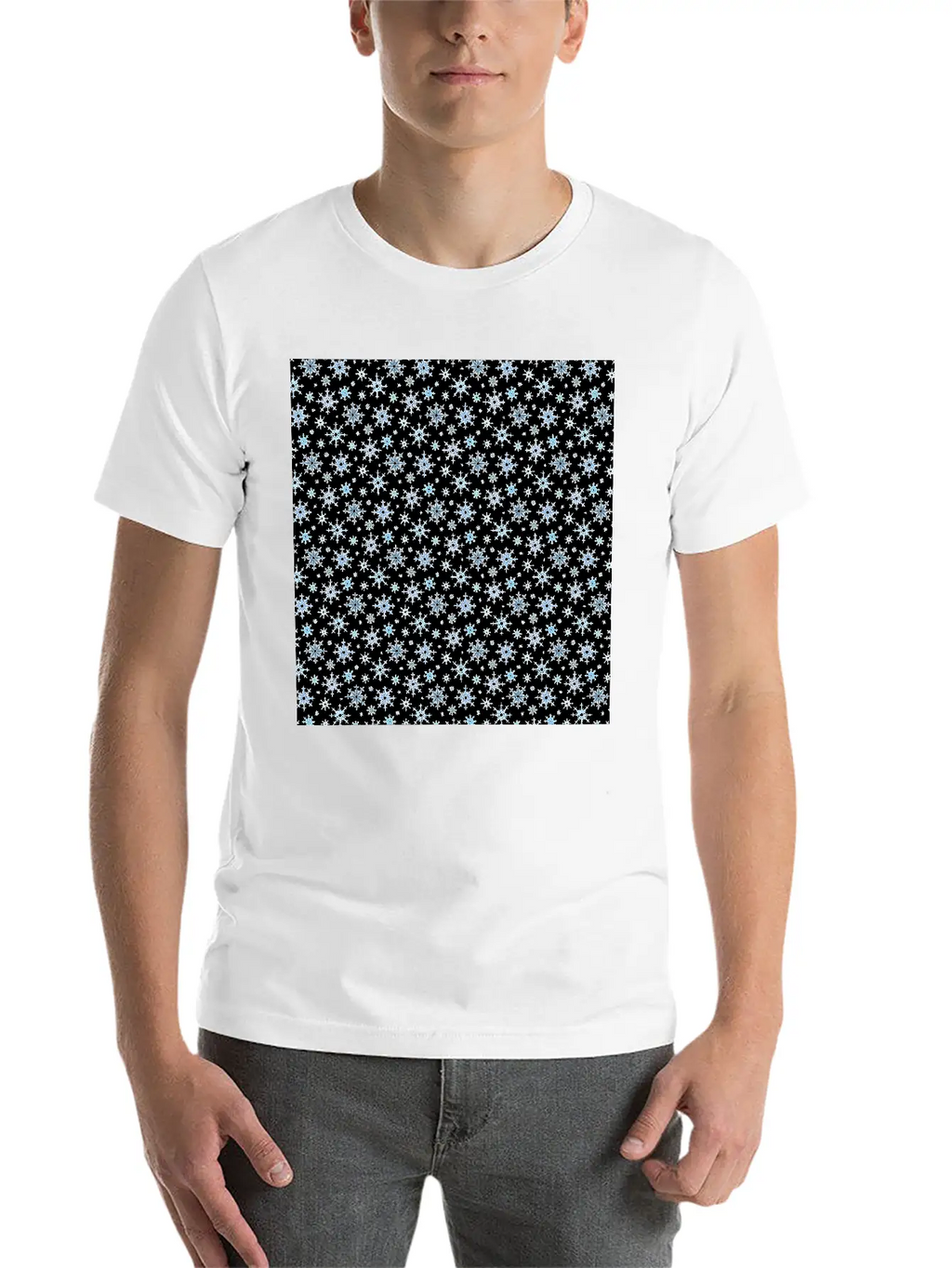 Modern Snowflakes Pattern White Blue Unisex Casual T-Shirt – Clean Design For Daily Comfort