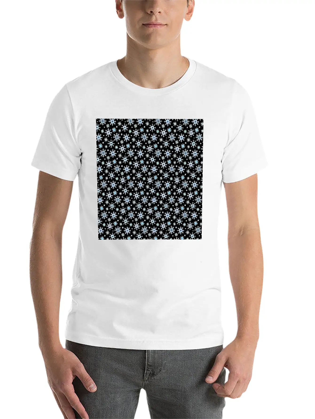 Modern Snowflakes Pattern White Blue Unisex Casual T-Shirt – Clean Design For Daily Comfort