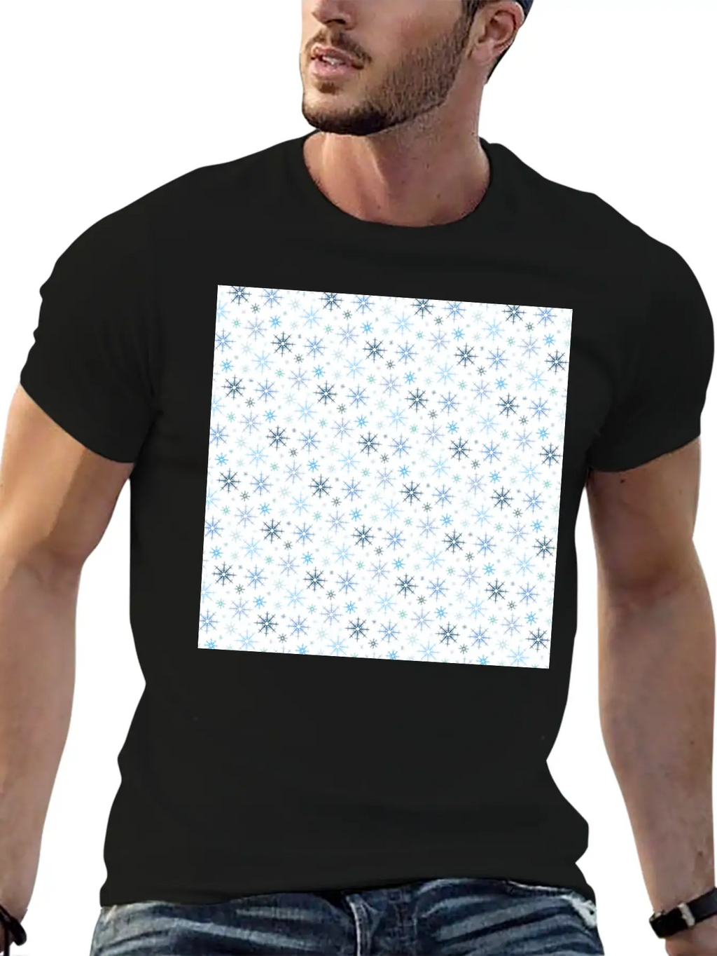 Modern Snowflakes Pattern White Blue Unisex Casual T-Shirt – Clean Design For Daily Comfort