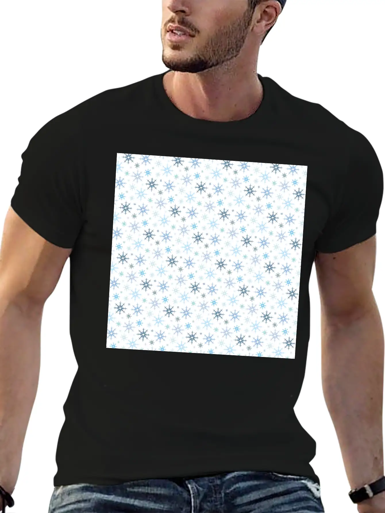 Modern Snowflakes Pattern White Blue Unisex Casual T-Shirt – Clean Design For Daily Comfort