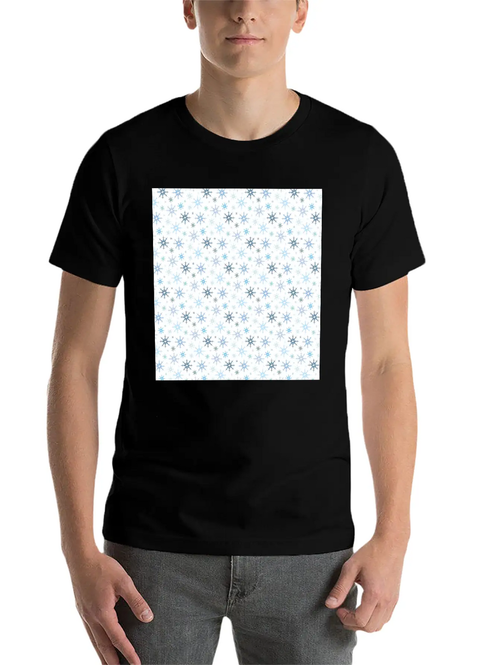 Modern Snowflakes Pattern White Blue Unisex Casual T-Shirt – Clean Design For Daily Comfort
