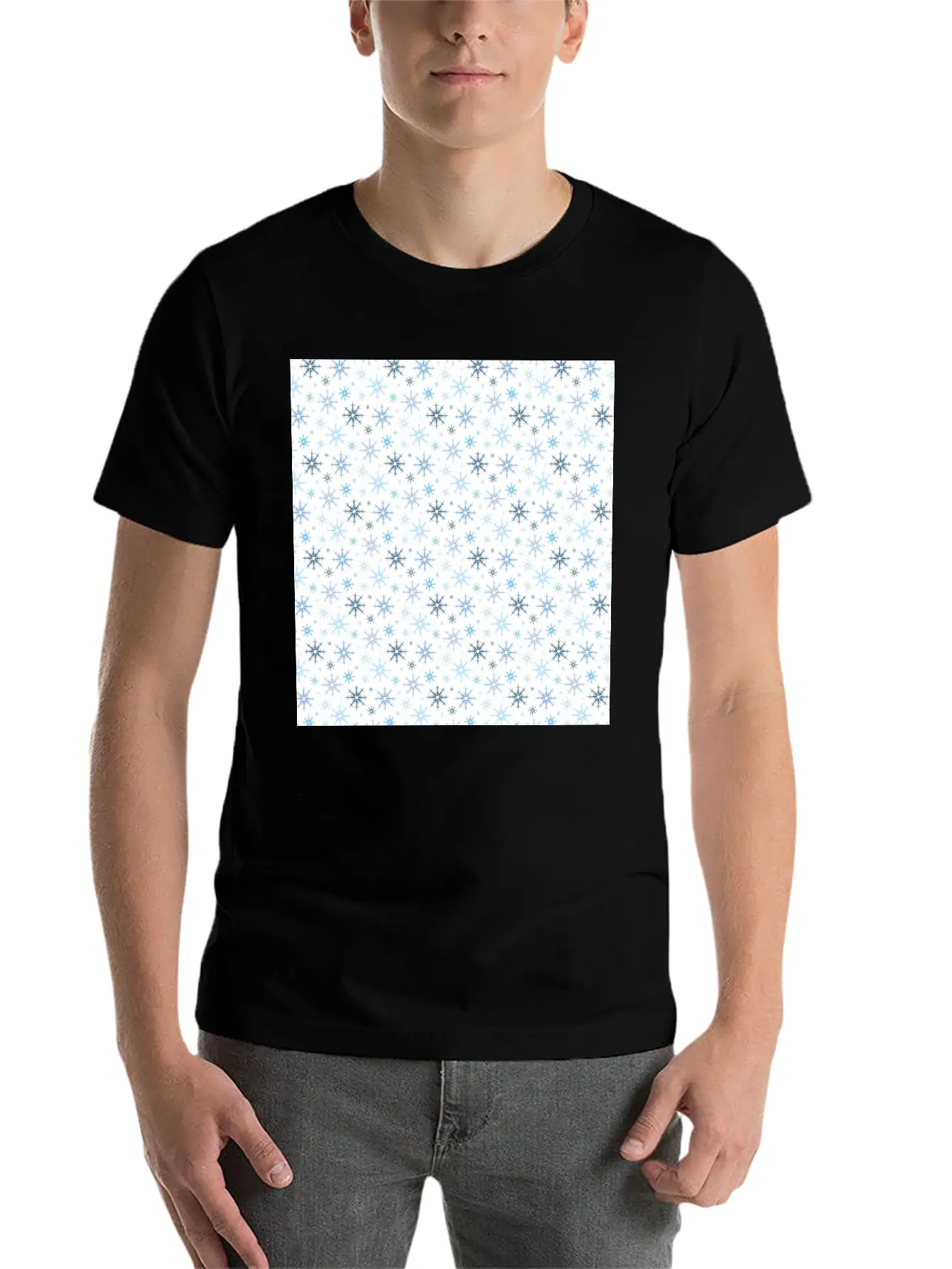 Modern Snowflakes Pattern White Blue Unisex Casual T-Shirt – Clean Design For Daily Comfort