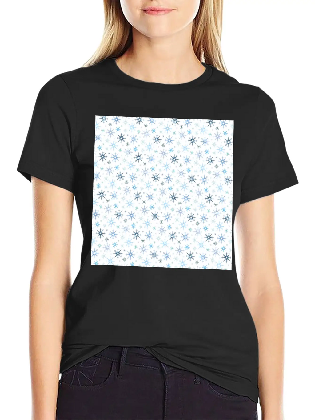 Modern Snowflakes Pattern White Blue Unisex Casual T-Shirt – Clean Design For Daily Comfort