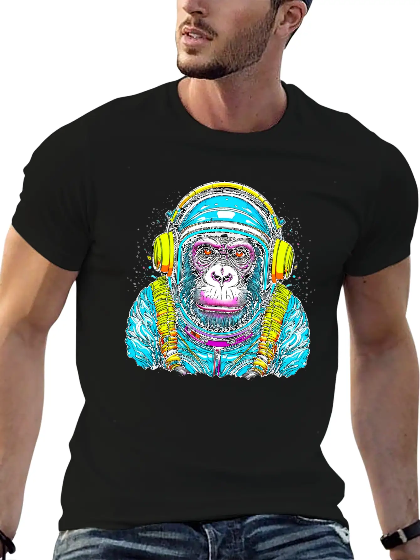 Monkey Wearing Headphones Unisex Short Sleeve Soft Cotton T-Shirt – Casual Everyday Wear