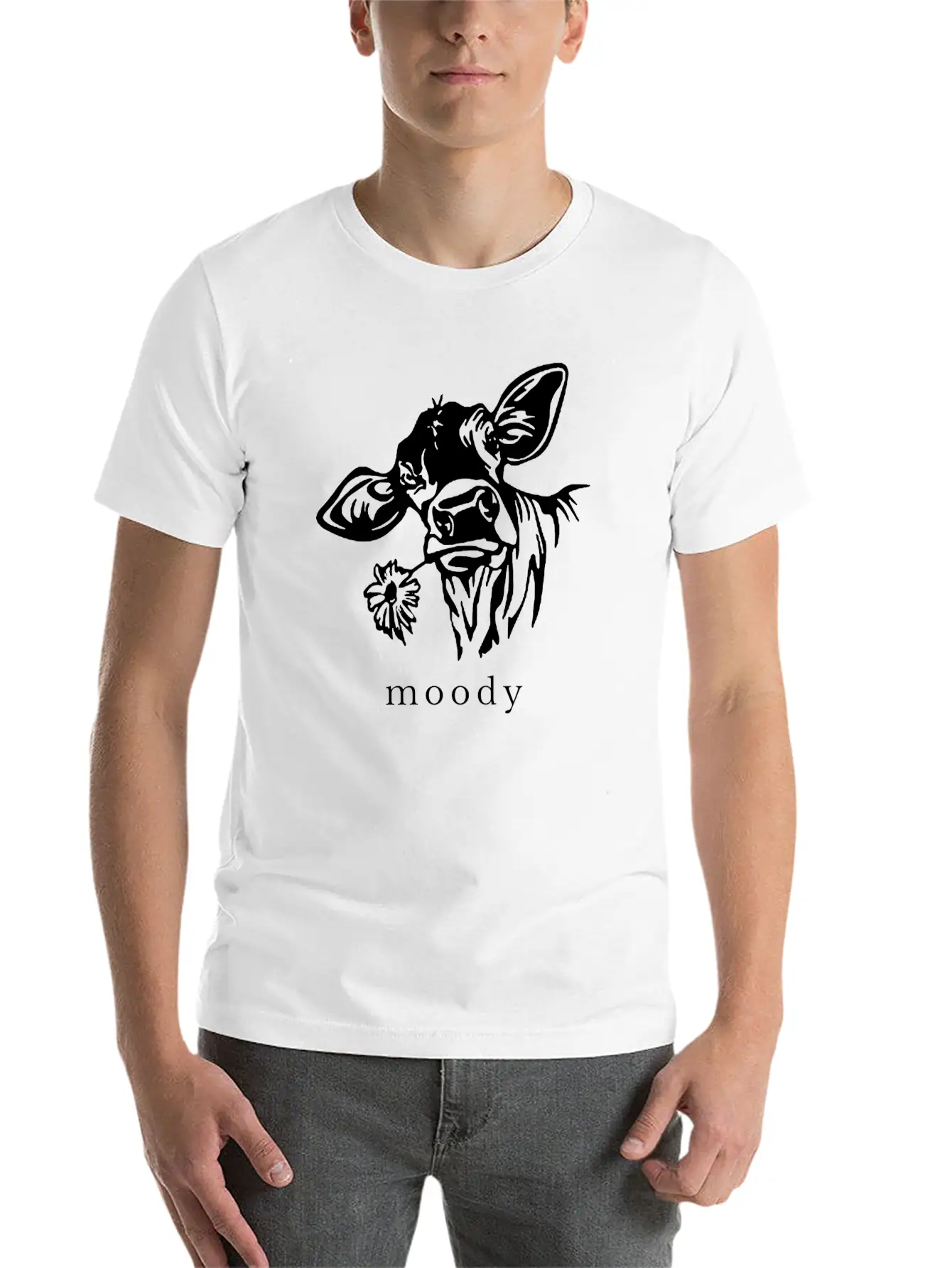 Moody Cow Funny Saying Punny Stylish Everyday T-Shirt – Unisex Basic Cotton Tee