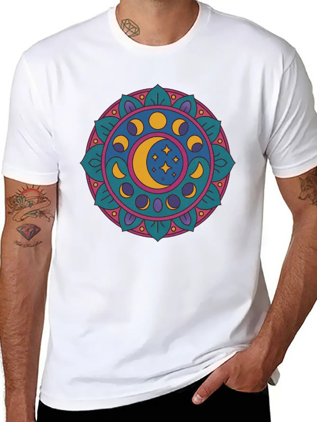 Moon Cycles Mandala Essential Cotton Tee For Daily Outfits – Unisex Style