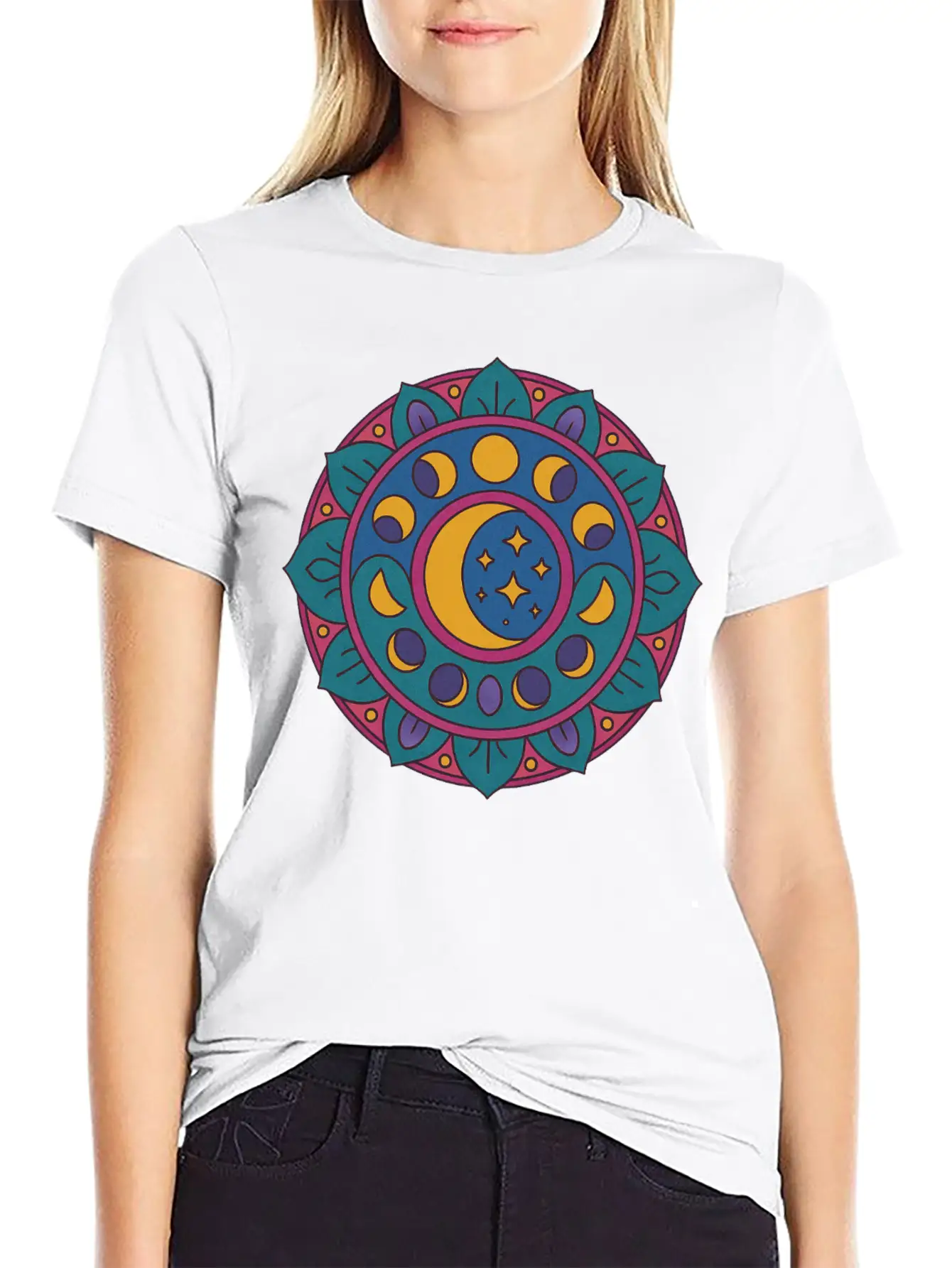 Moon Cycles Mandala Essential Cotton Tee For Daily Outfits – Unisex Style