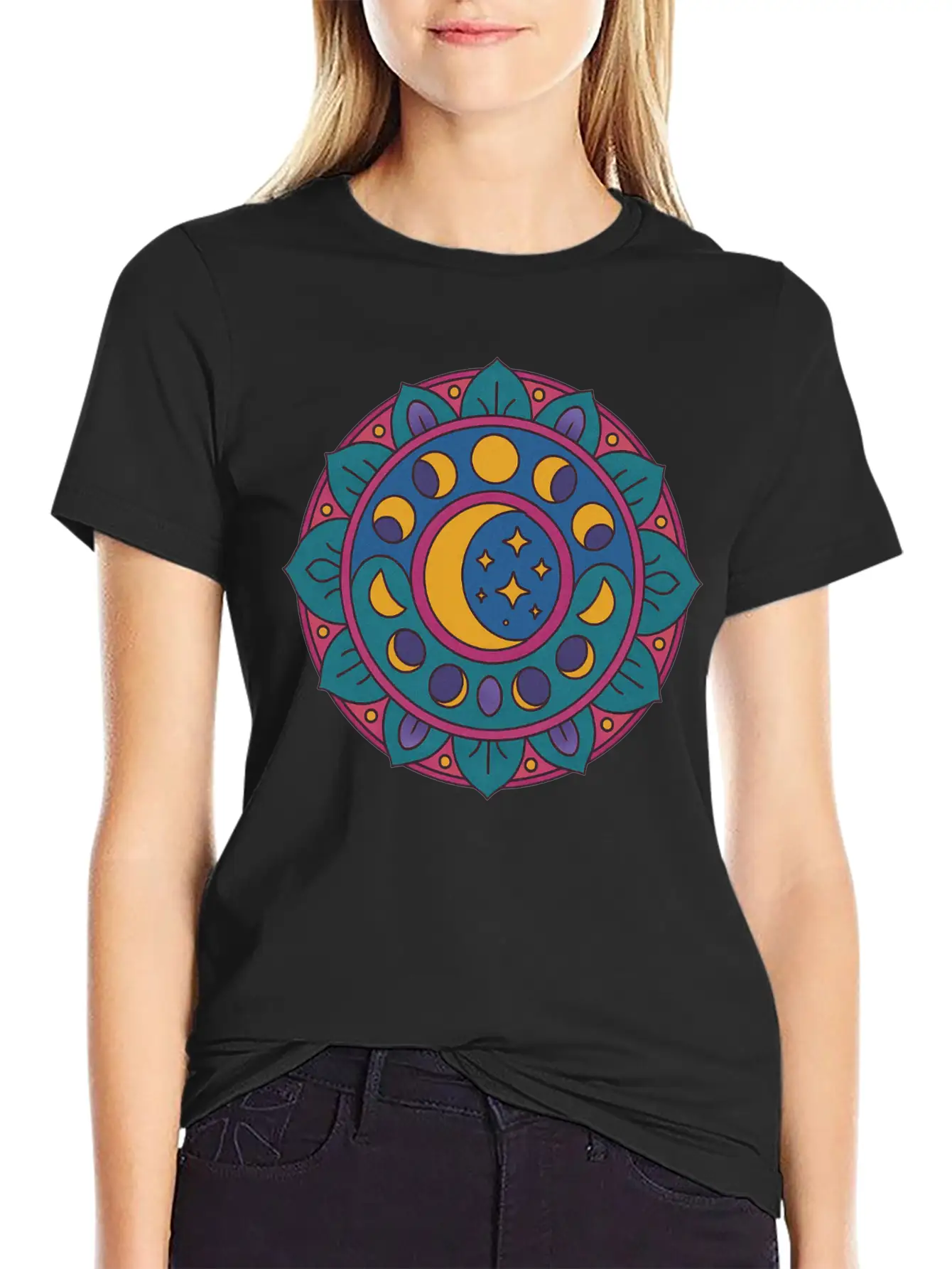 Moon Cycles Mandala Essential Cotton Tee For Daily Outfits – Unisex Style