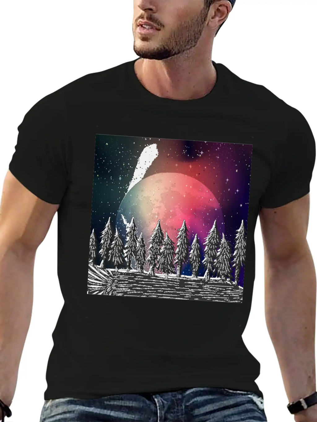 Moon Forest Polar Aurora Borealis North Pool Breathable Soft Cotton T-Shirt – Timeless Casual Look