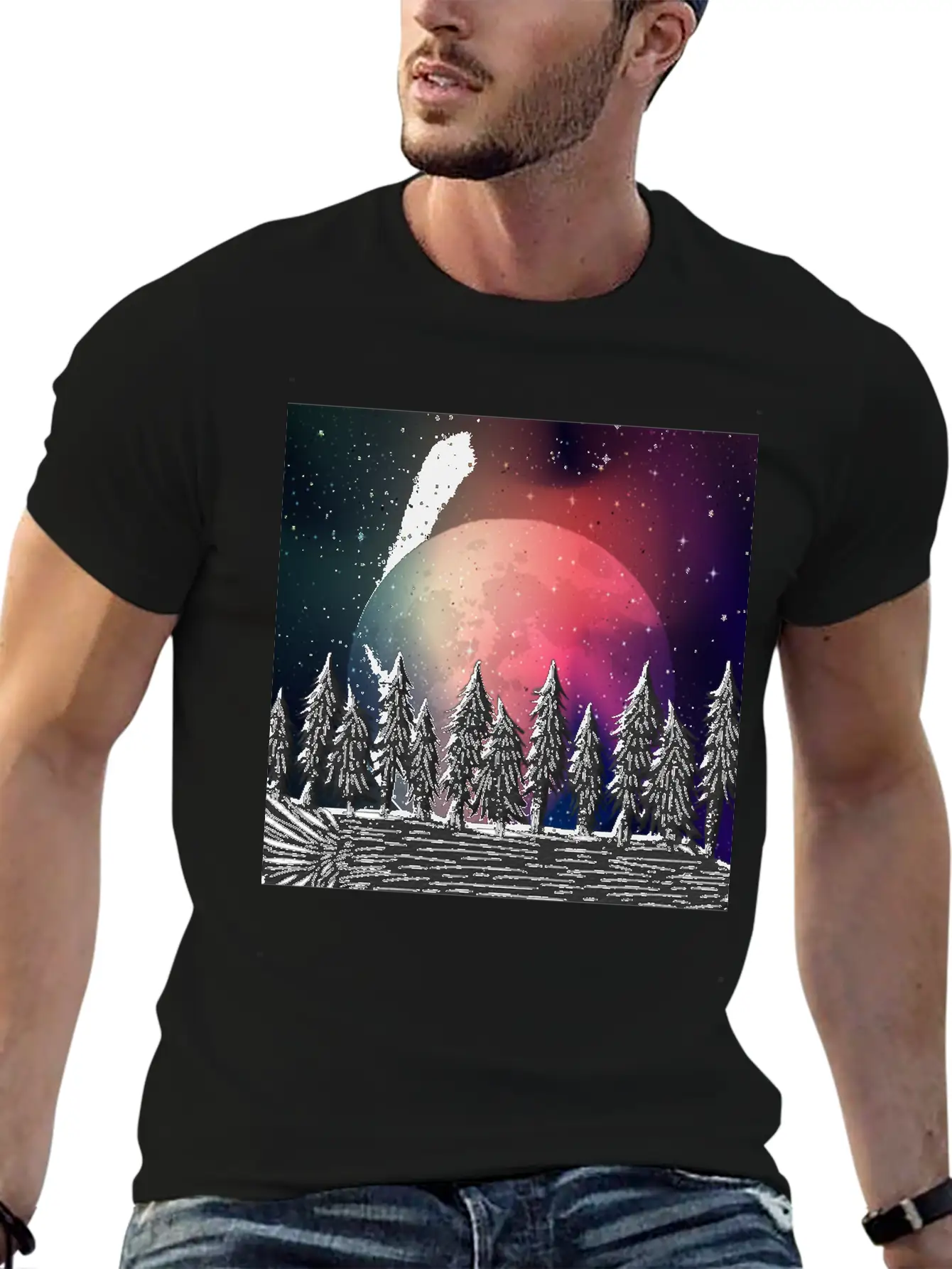 Moon Forest Polar Aurora Borealis North Pool Breathable Soft Cotton T-Shirt – Timeless Casual Look