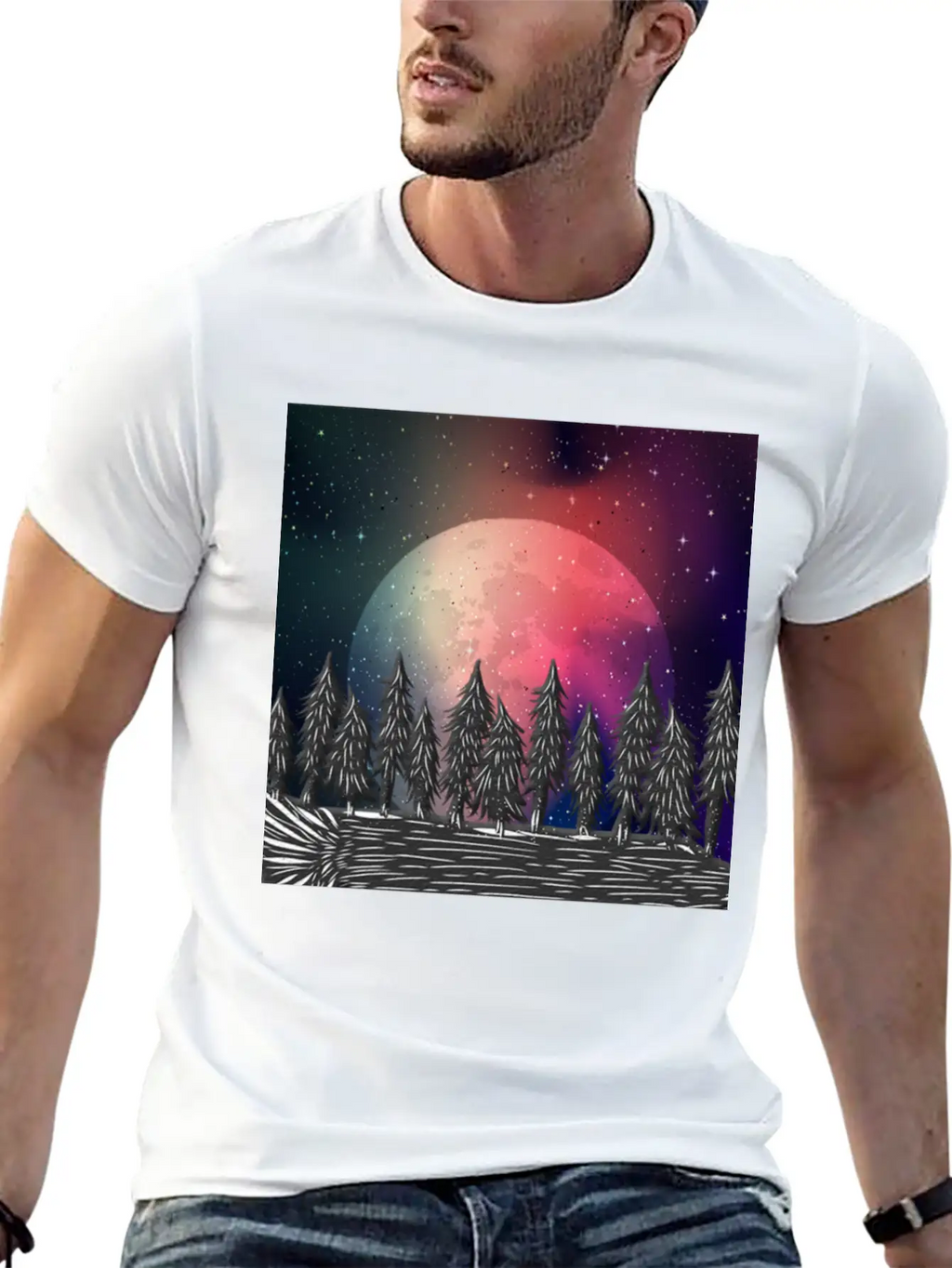 Moon Forest Polar Aurora Borealis North Pool Breathable Soft Cotton T-Shirt – Timeless Casual Look