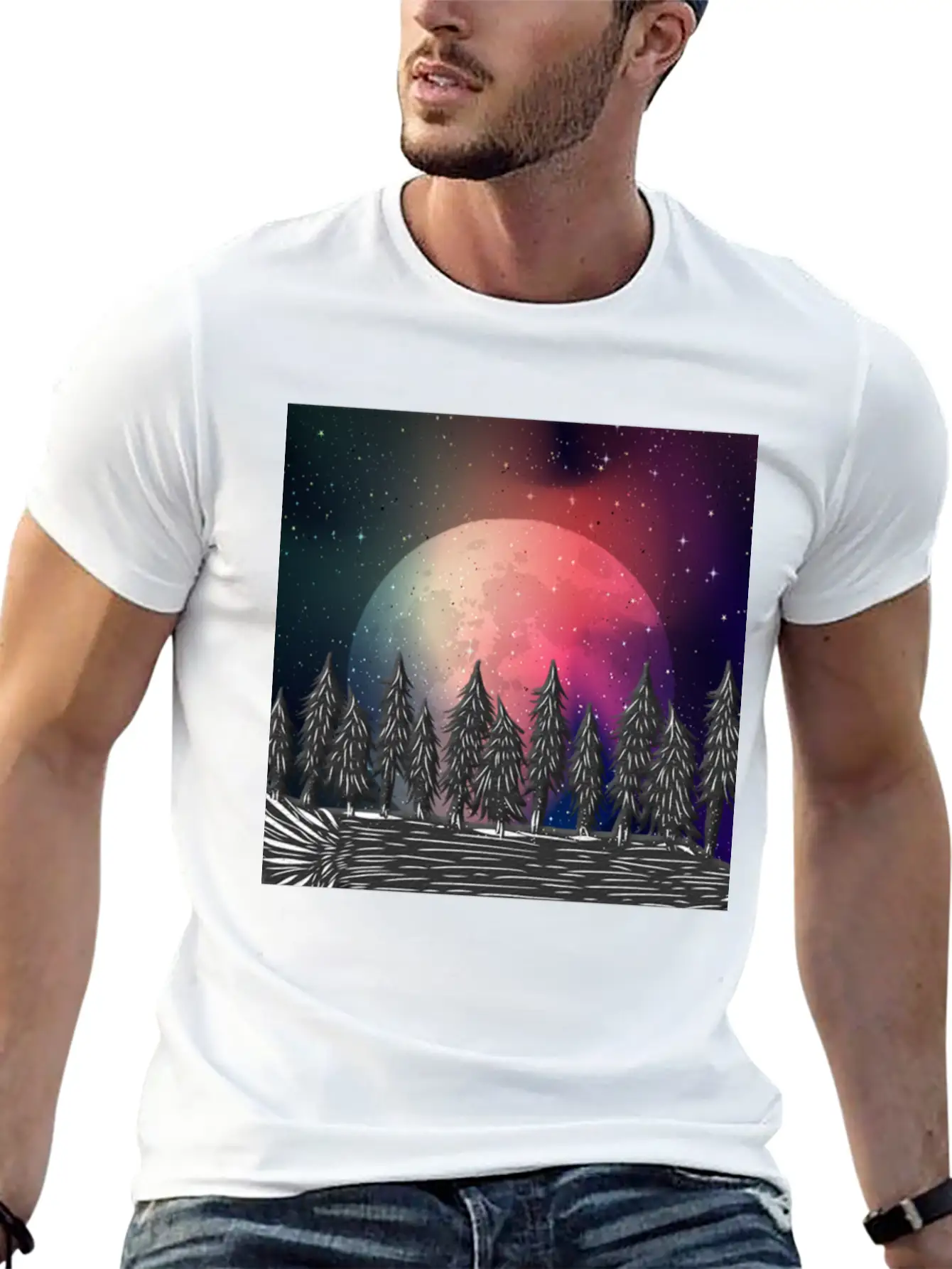Moon Forest Polar Aurora Borealis North Pool Breathable Soft Cotton T-Shirt – Timeless Casual Look