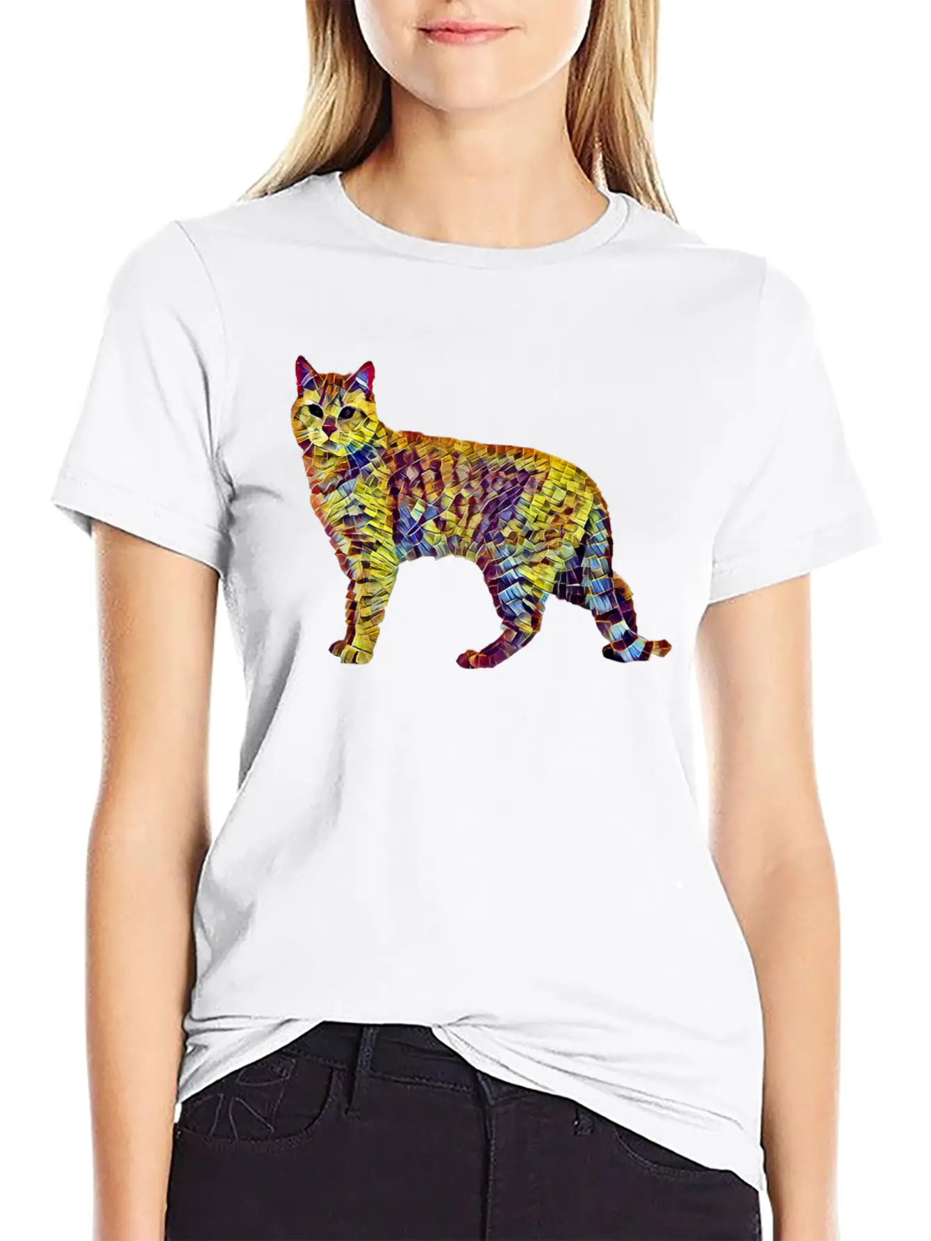 Mosaic Cat Breathable Soft Cotton T-Shirt – Timeless Casual Look