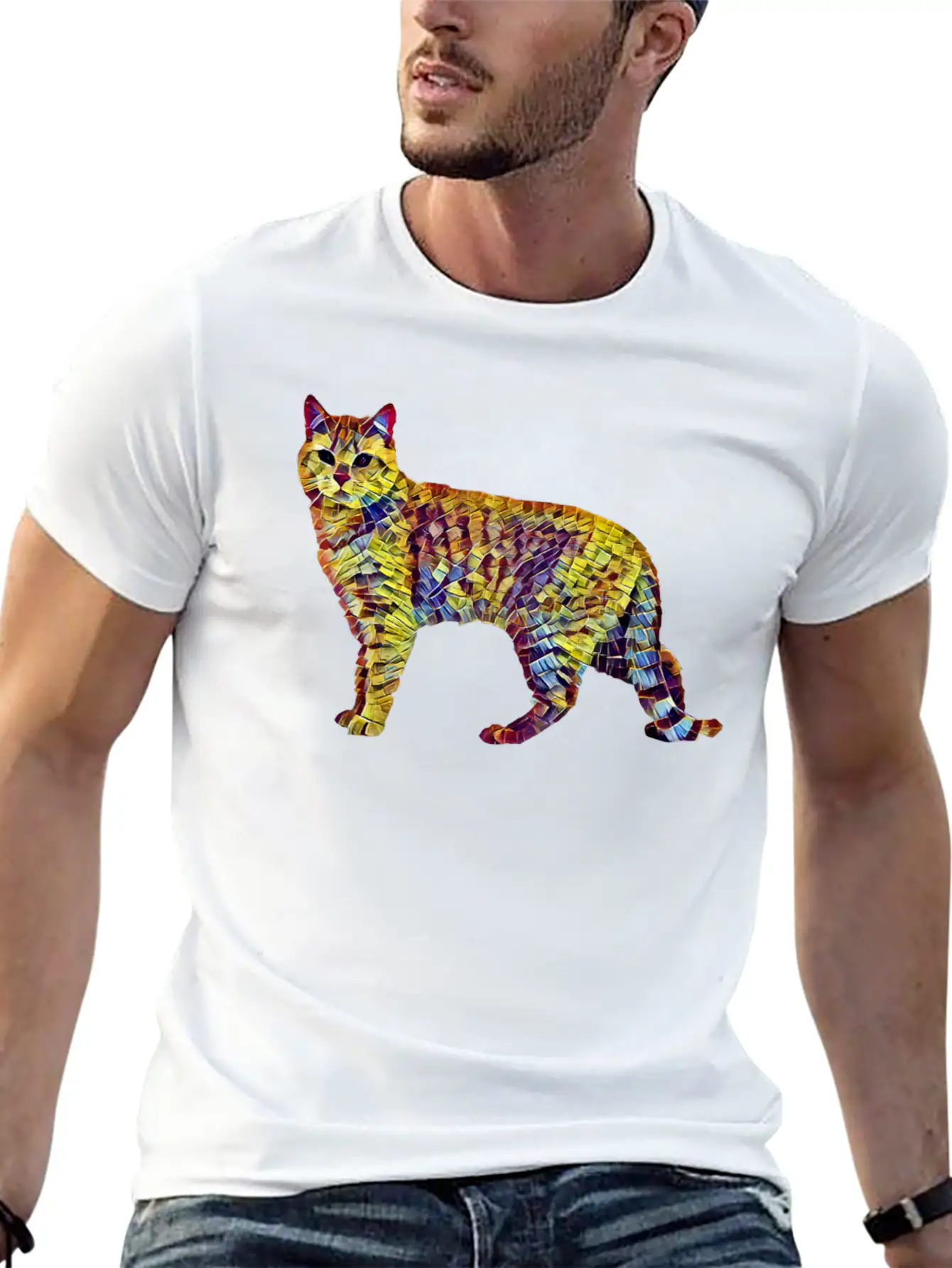 Mosaic Cat Breathable Soft Cotton T-Shirt – Timeless Casual Look