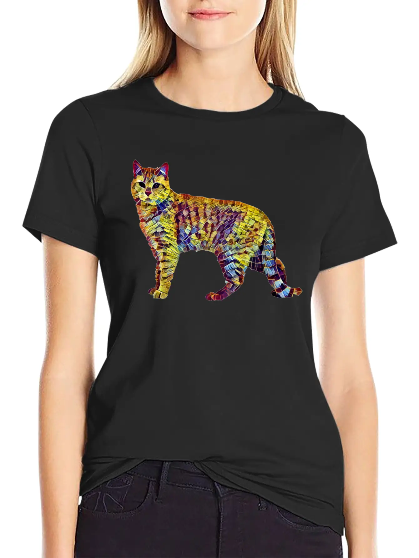 Mosaic Cat Breathable Soft Cotton T-Shirt – Timeless Casual Look