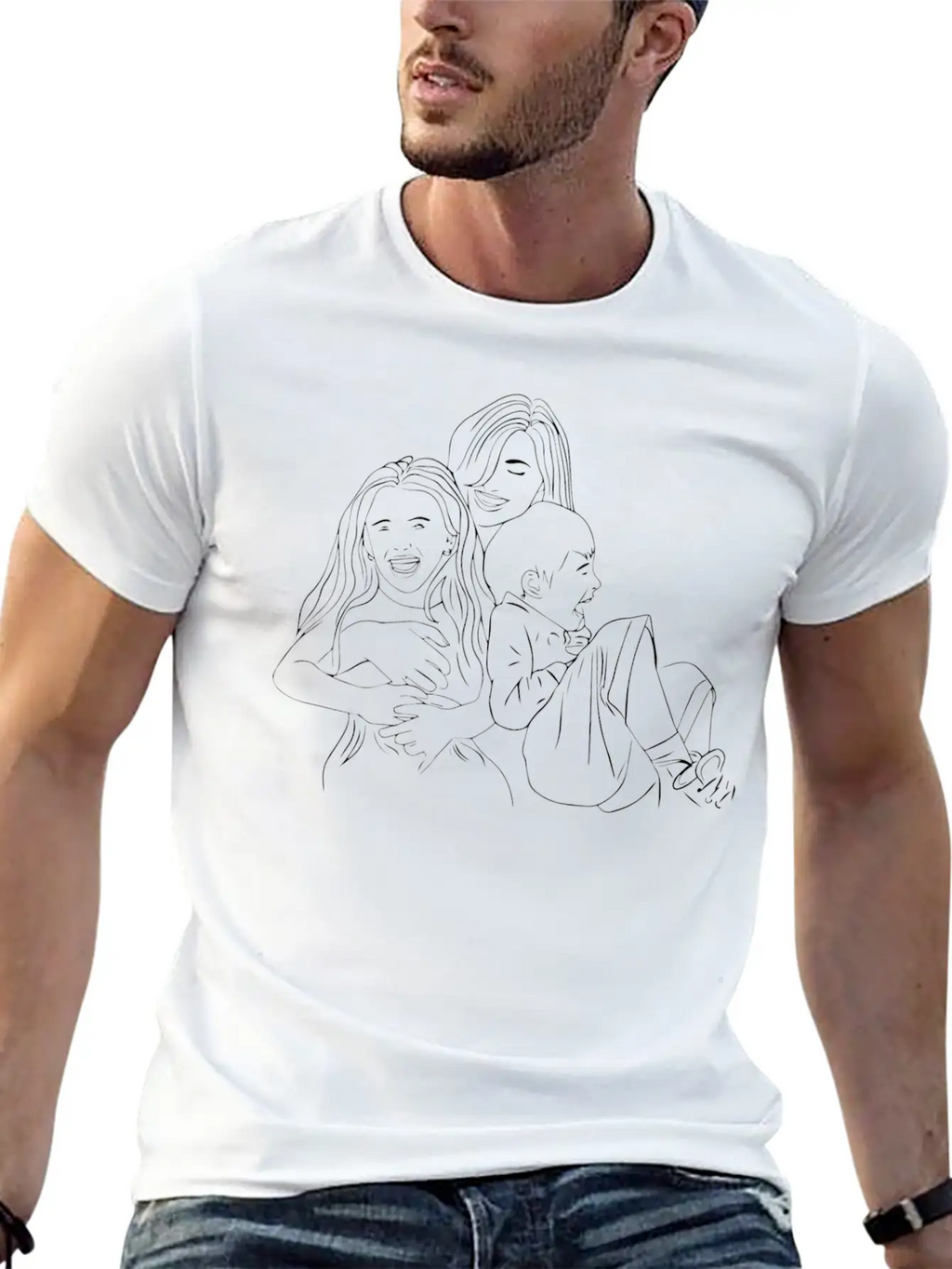 Mother With Two Toddlers Line Art Unisex Casual T-Shirt – Clean Design For Daily Comfort
