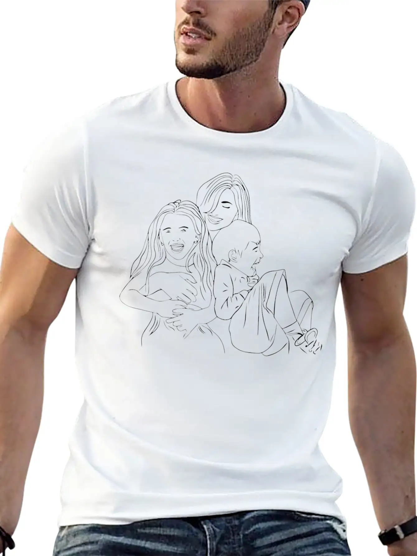 Mother With Two Toddlers Line Art Unisex Casual T-Shirt – Clean Design For Daily Comfort