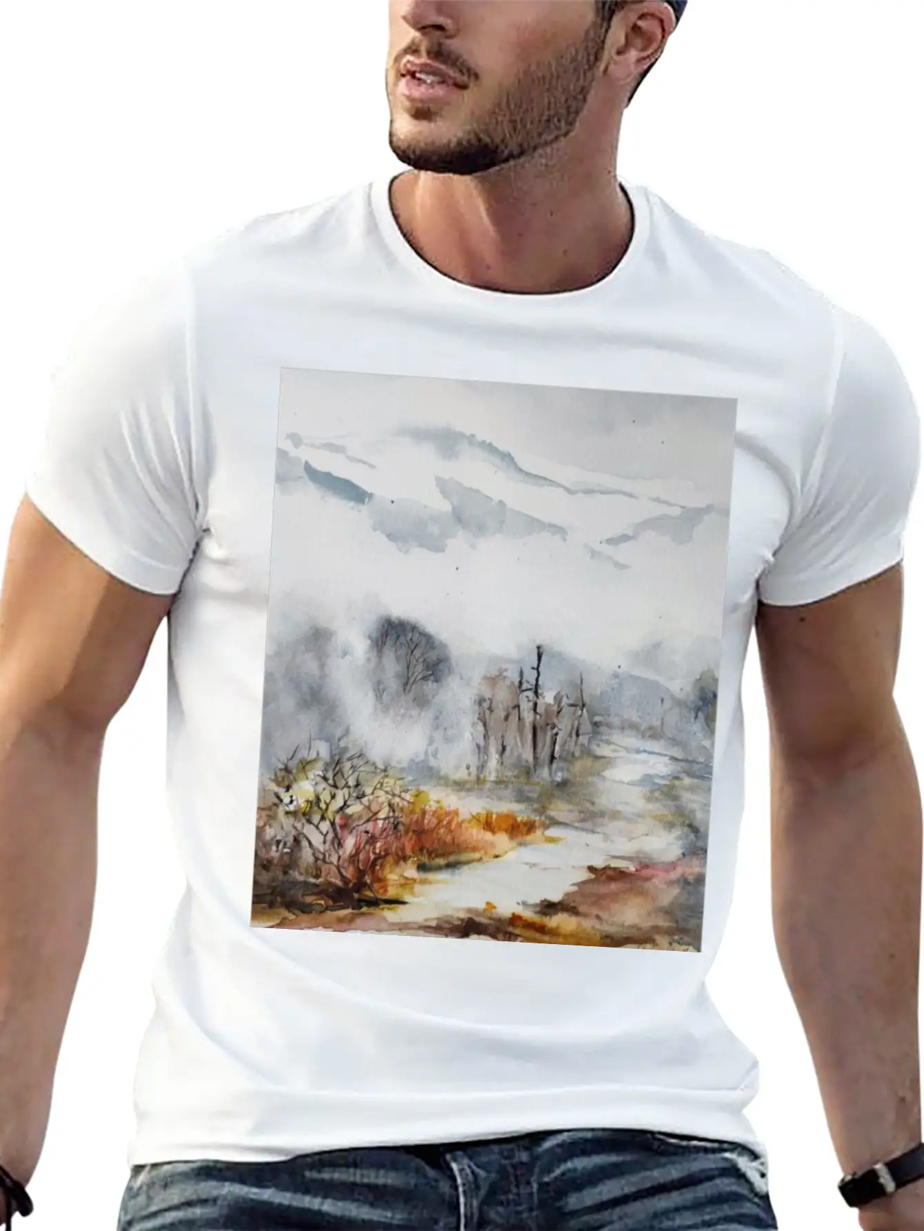 Mountain Above The Clouds Watercolors Casual Graphic T-Shirt – Simple And Comfortable Daily Wear