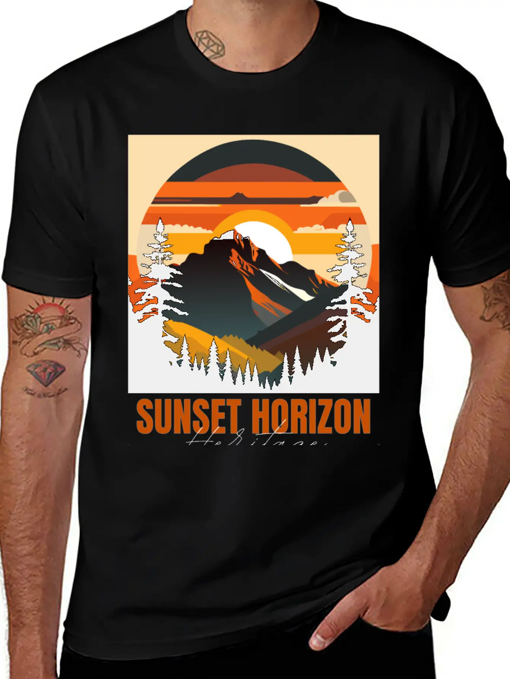Mountain Illustration T-shirt Sunset Horizon Unisex Short Sleeve Soft Cotton T-Shirt – Casual Everyday Wear