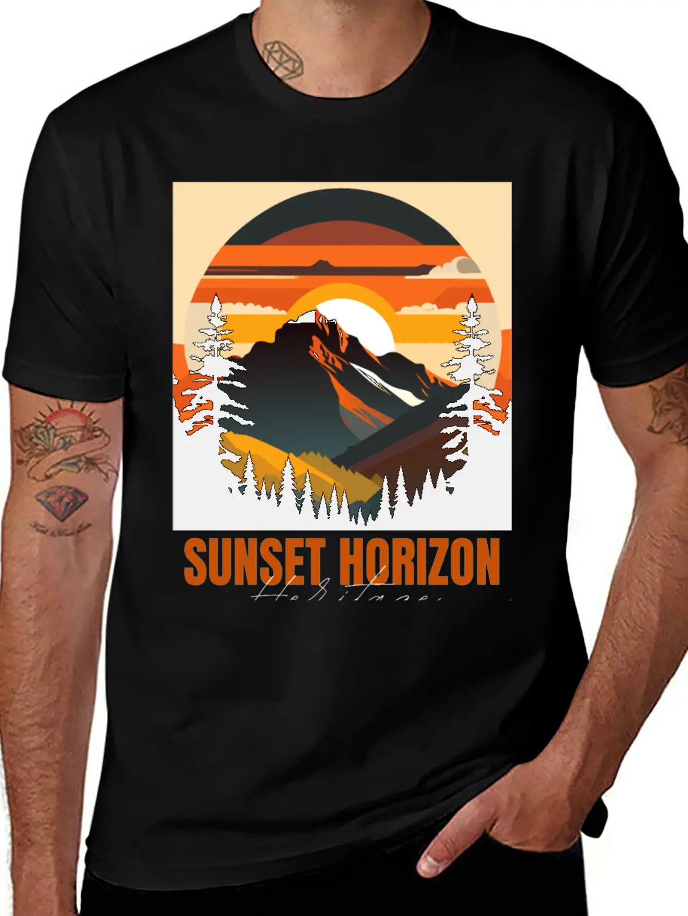 Mountain Illustration T-shirt Sunset Horizon Unisex Short Sleeve Soft Cotton T-Shirt – Casual Everyday Wear