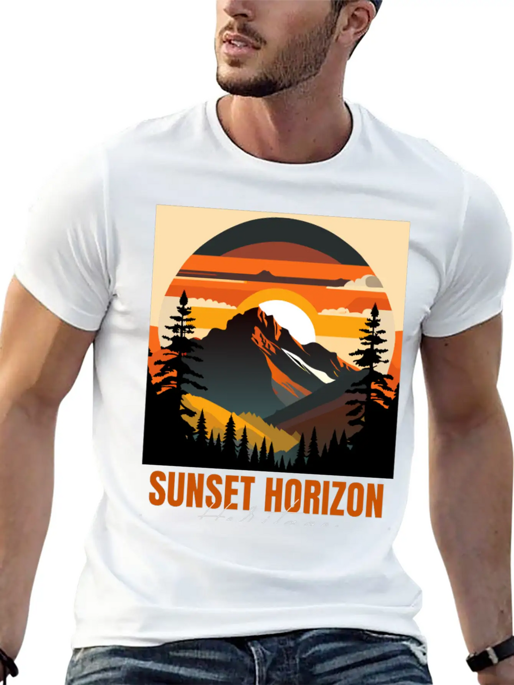 Mountain Illustration T-shirt Sunset Horizon Unisex Short Sleeve Soft Cotton T-Shirt – Casual Everyday Wear