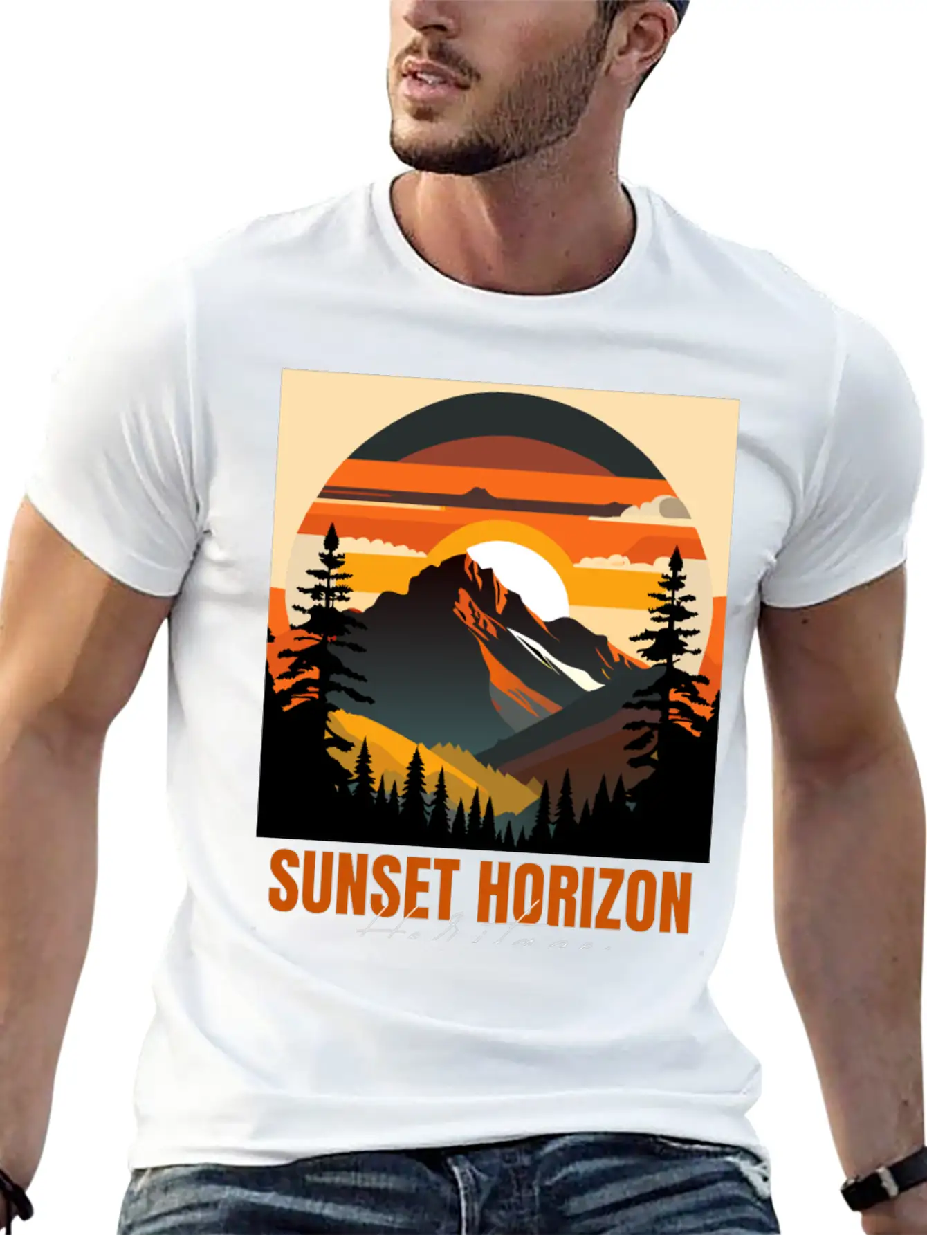 Mountain Illustration T-shirt Sunset Horizon Unisex Short Sleeve Soft Cotton T-Shirt – Casual Everyday Wear