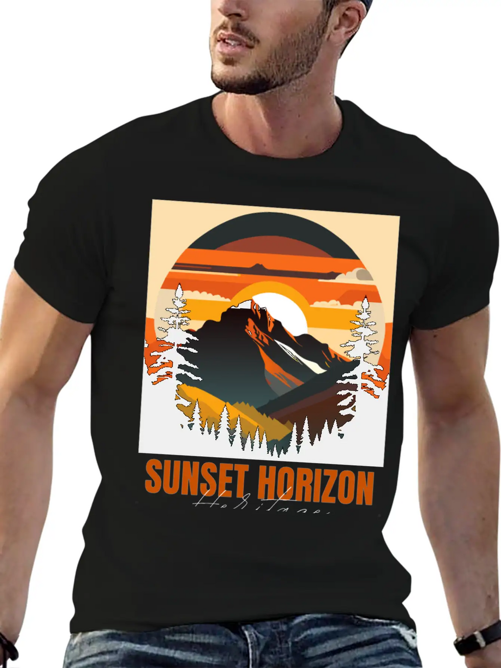 Mountain Illustration T-shirt Sunset Horizon Unisex Short Sleeve Soft Cotton T-Shirt – Casual Everyday Wear