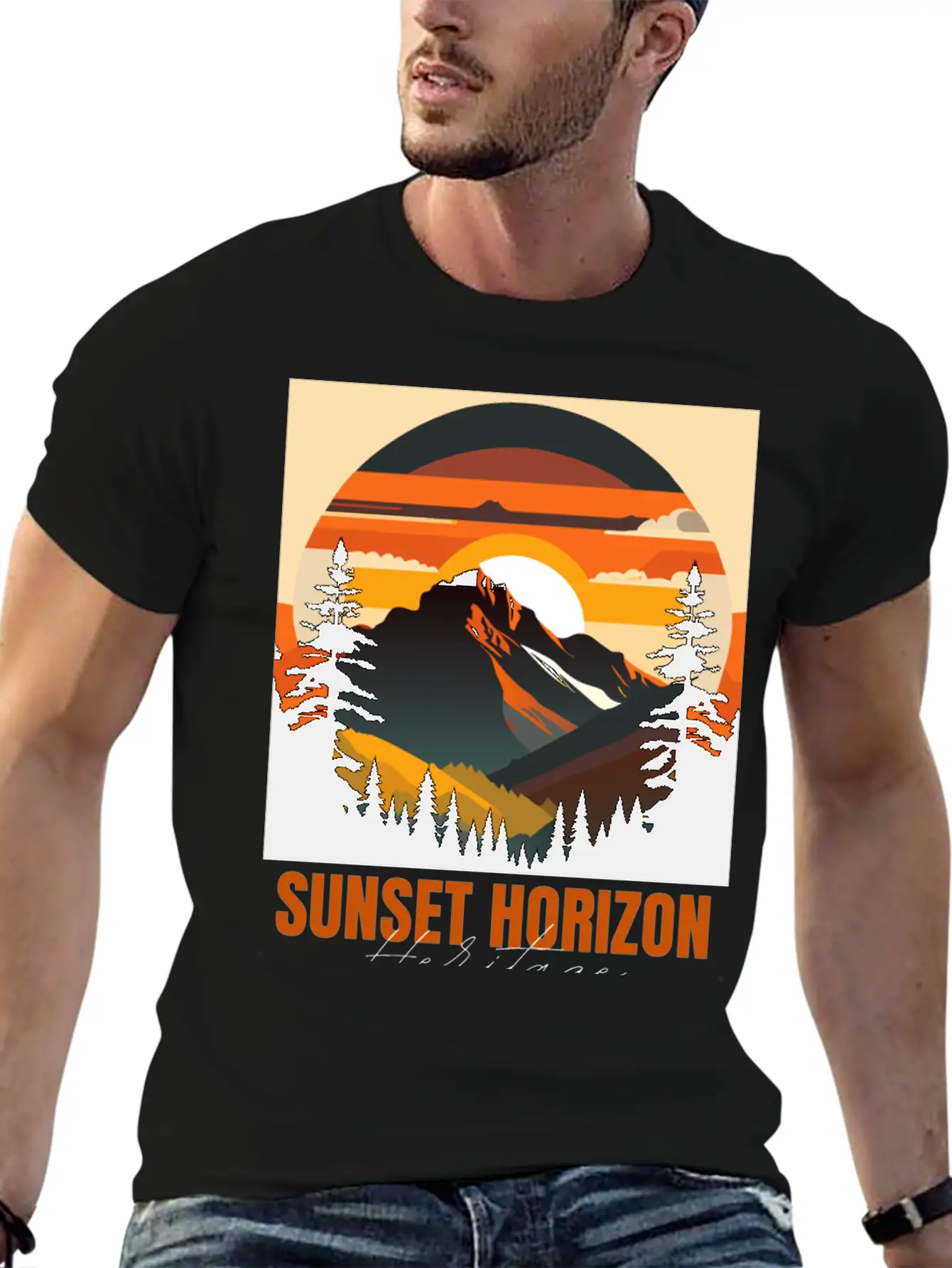 Mountain Illustration T-shirt Sunset Horizon Unisex Short Sleeve Soft Cotton T-Shirt – Casual Everyday Wear