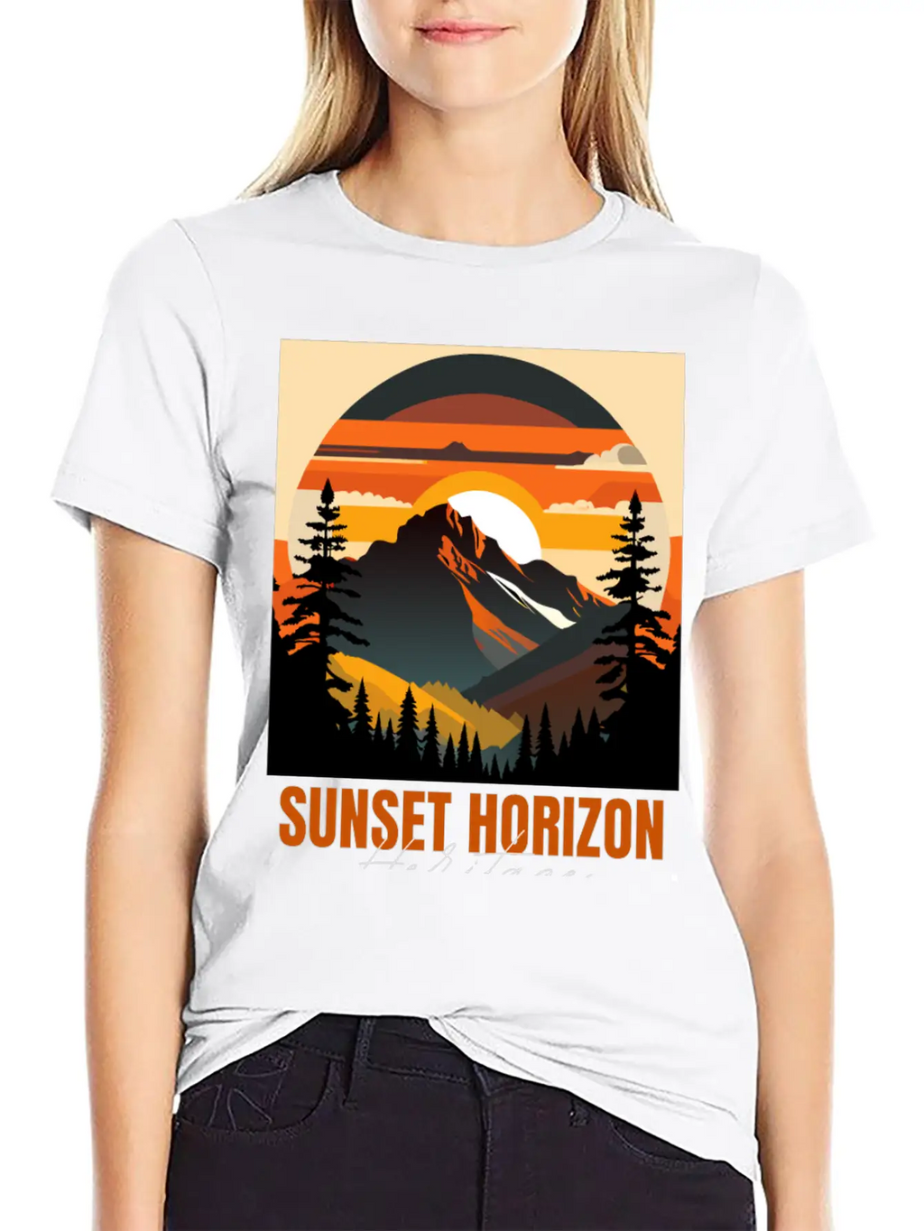 Mountain Illustration T-shirt Sunset Horizon Unisex Short Sleeve Soft Cotton T-Shirt – Casual Everyday Wear