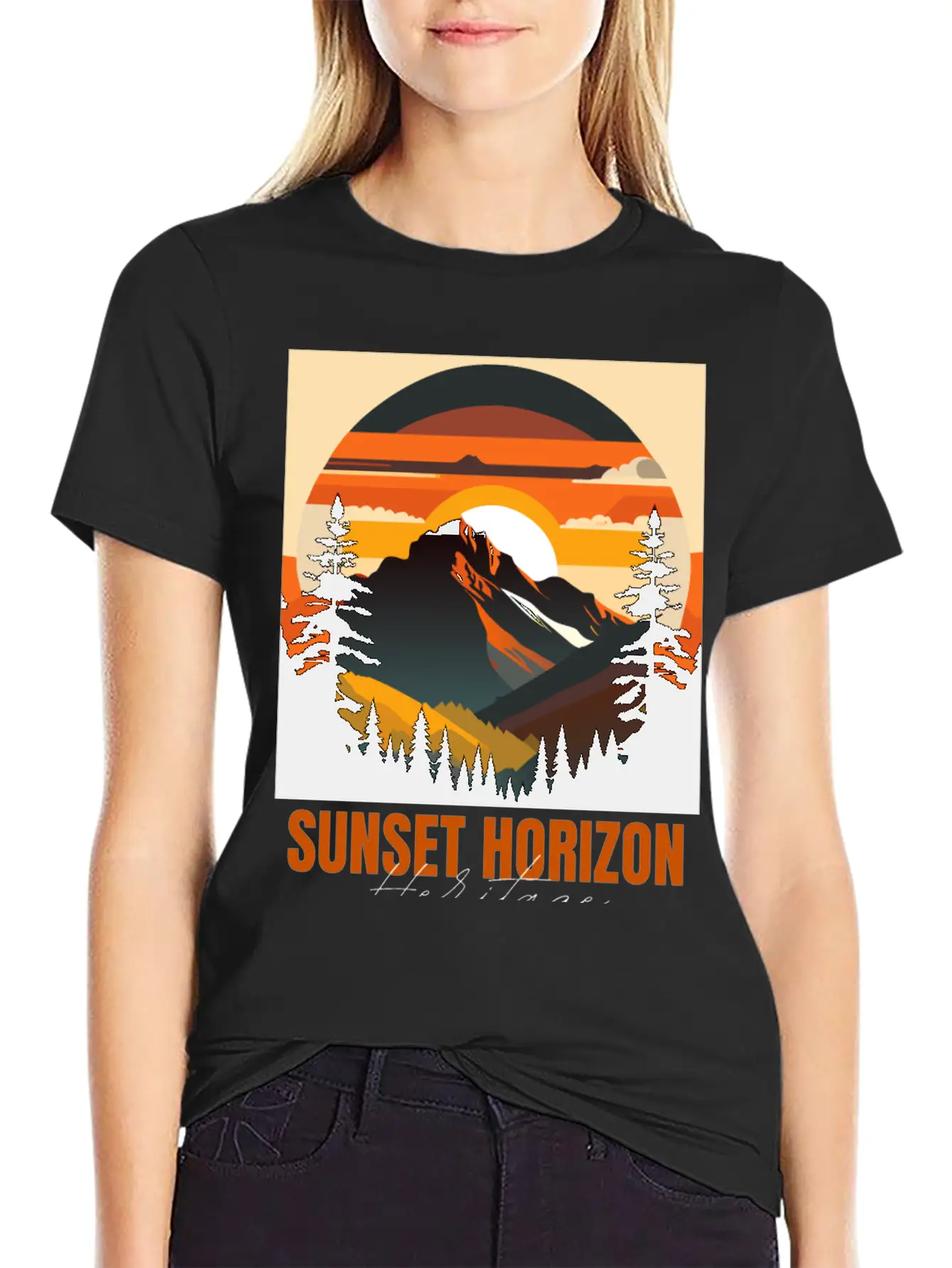 Mountain Illustration T-shirt Sunset Horizon Unisex Short Sleeve Soft Cotton T-Shirt – Casual Everyday Wear
