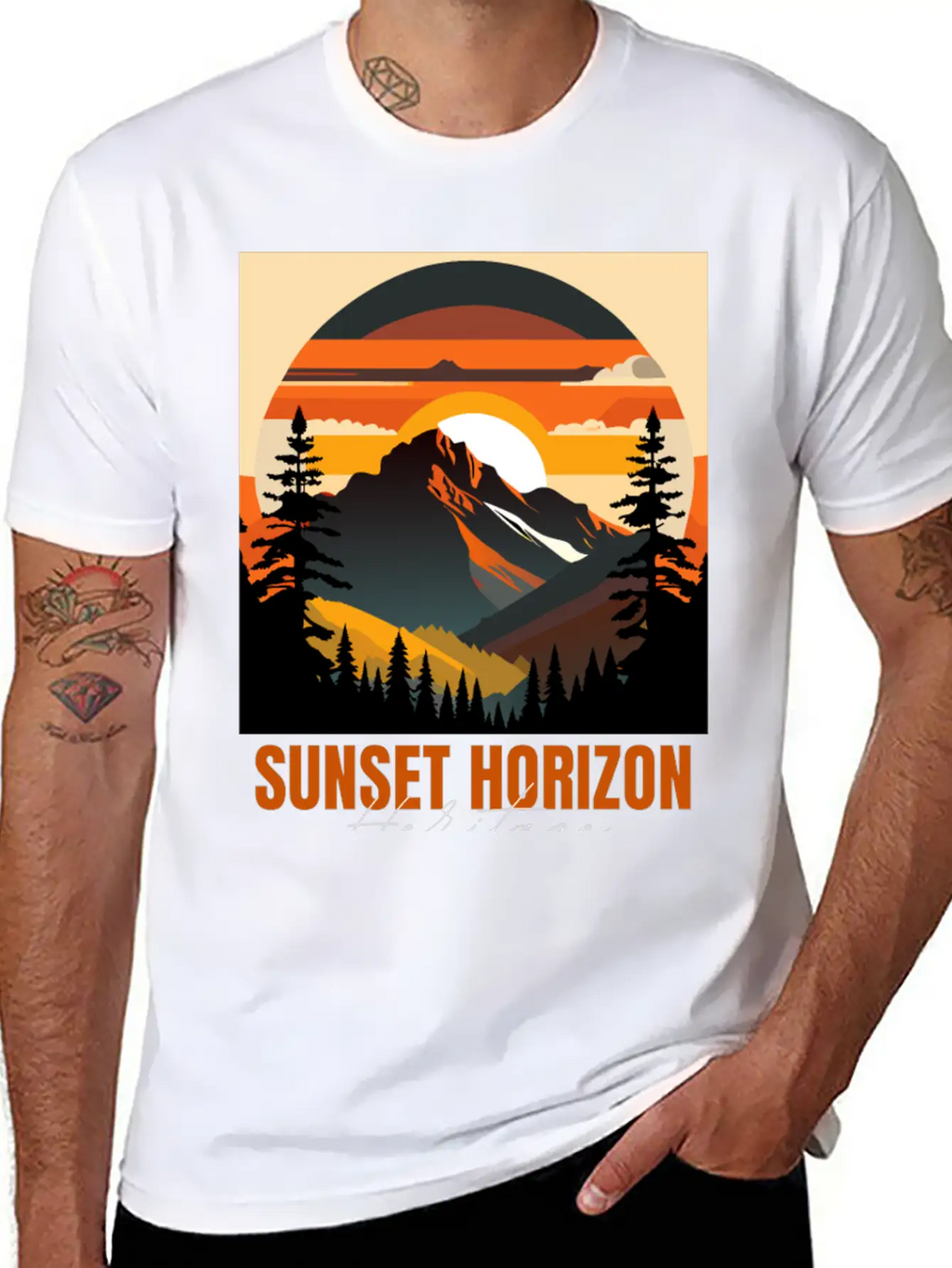 Mountain Illustration T-shirt Sunset Horizon Unisex Short Sleeve Soft Cotton T-Shirt – Casual Everyday Wear