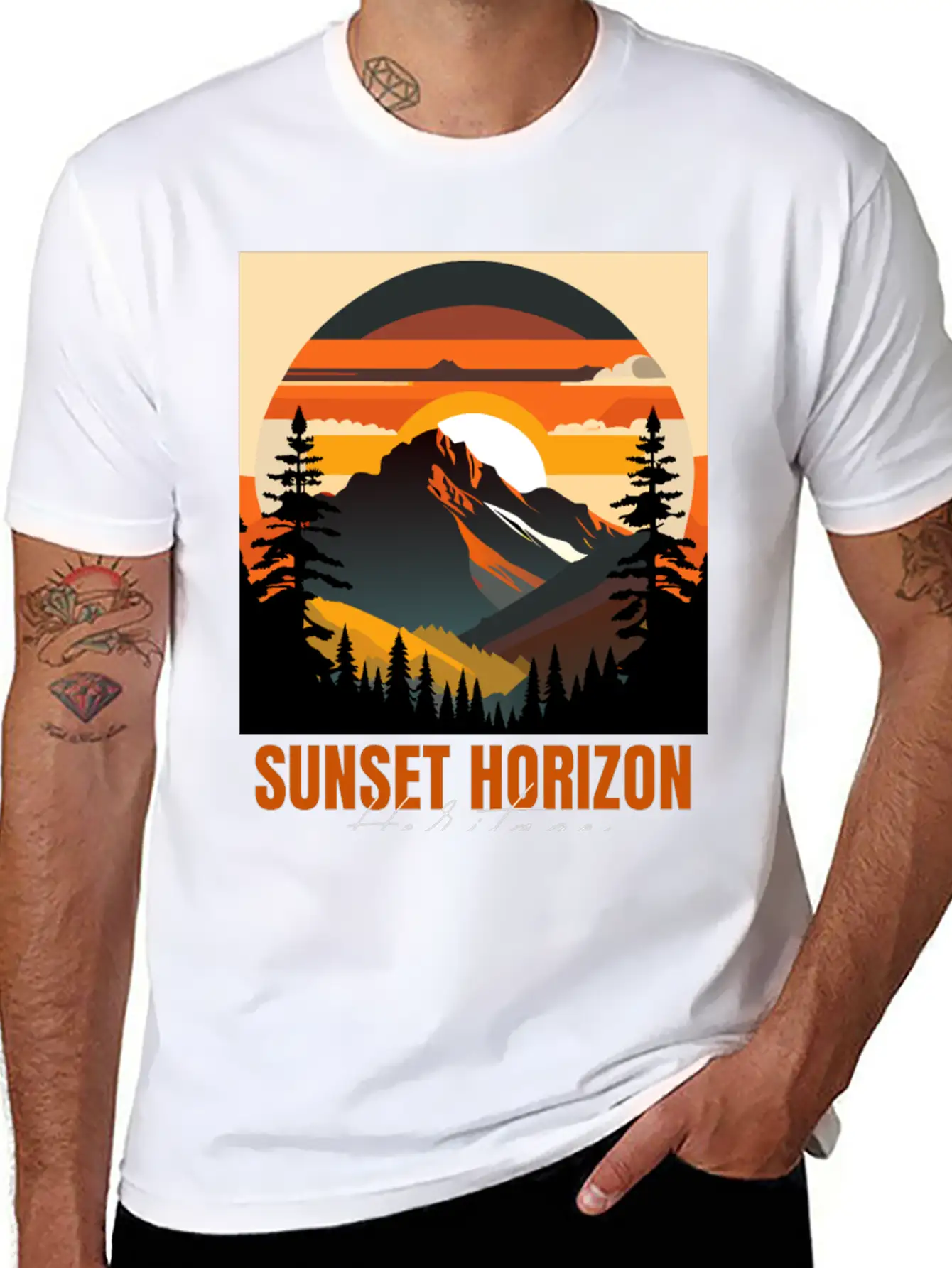 Mountain Illustration T-shirt Sunset Horizon Unisex Short Sleeve Soft Cotton T-Shirt – Casual Everyday Wear