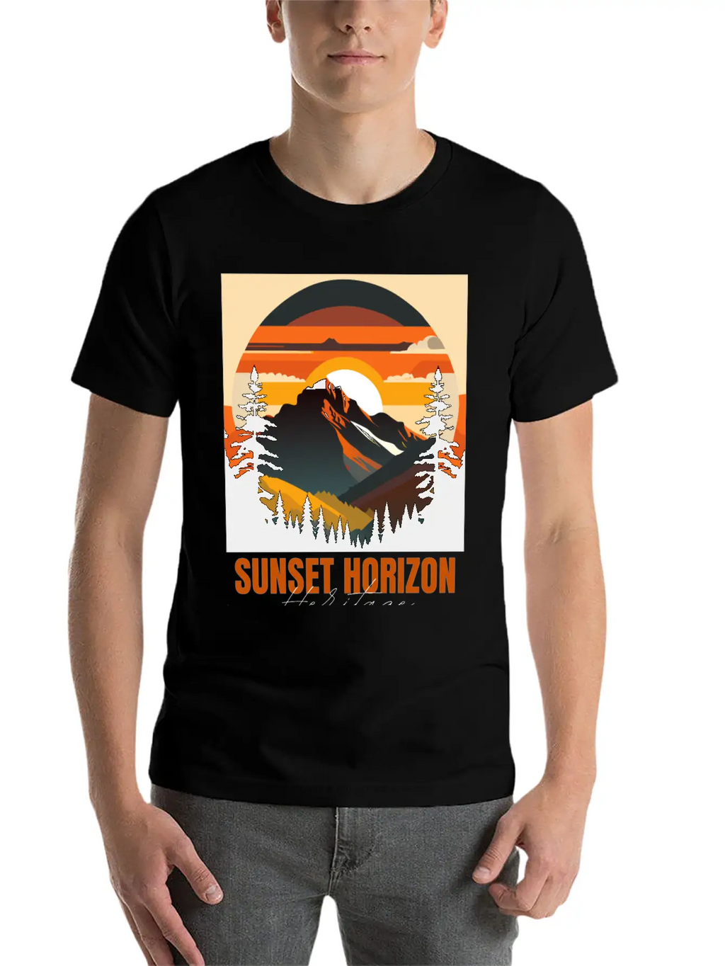 Mountain Illustration T-shirt Sunset Horizon Unisex Short Sleeve Soft Cotton T-Shirt – Casual Everyday Wear