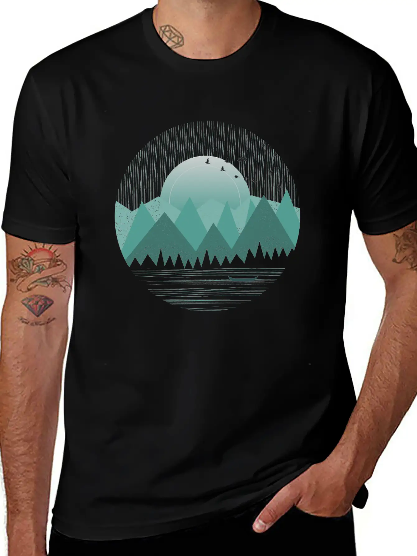Mountain Range With Sunrise Water Boat Minimal Unisex Casual T-Shirt – Clean Design For Daily Comfort