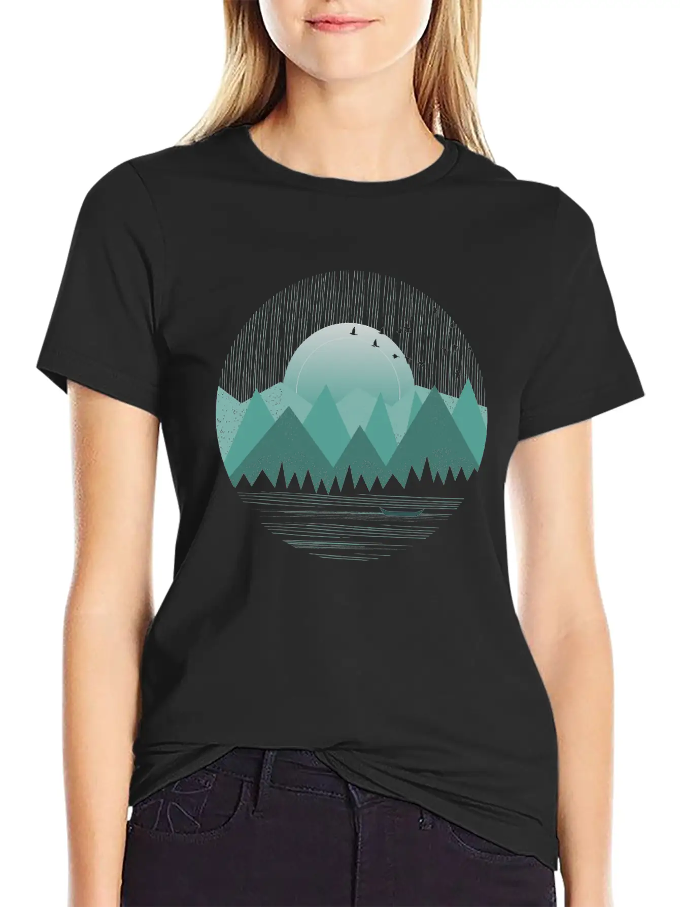 Mountain Range With Sunrise Water Boat Minimal Unisex Casual T-Shirt – Clean Design For Daily Comfort