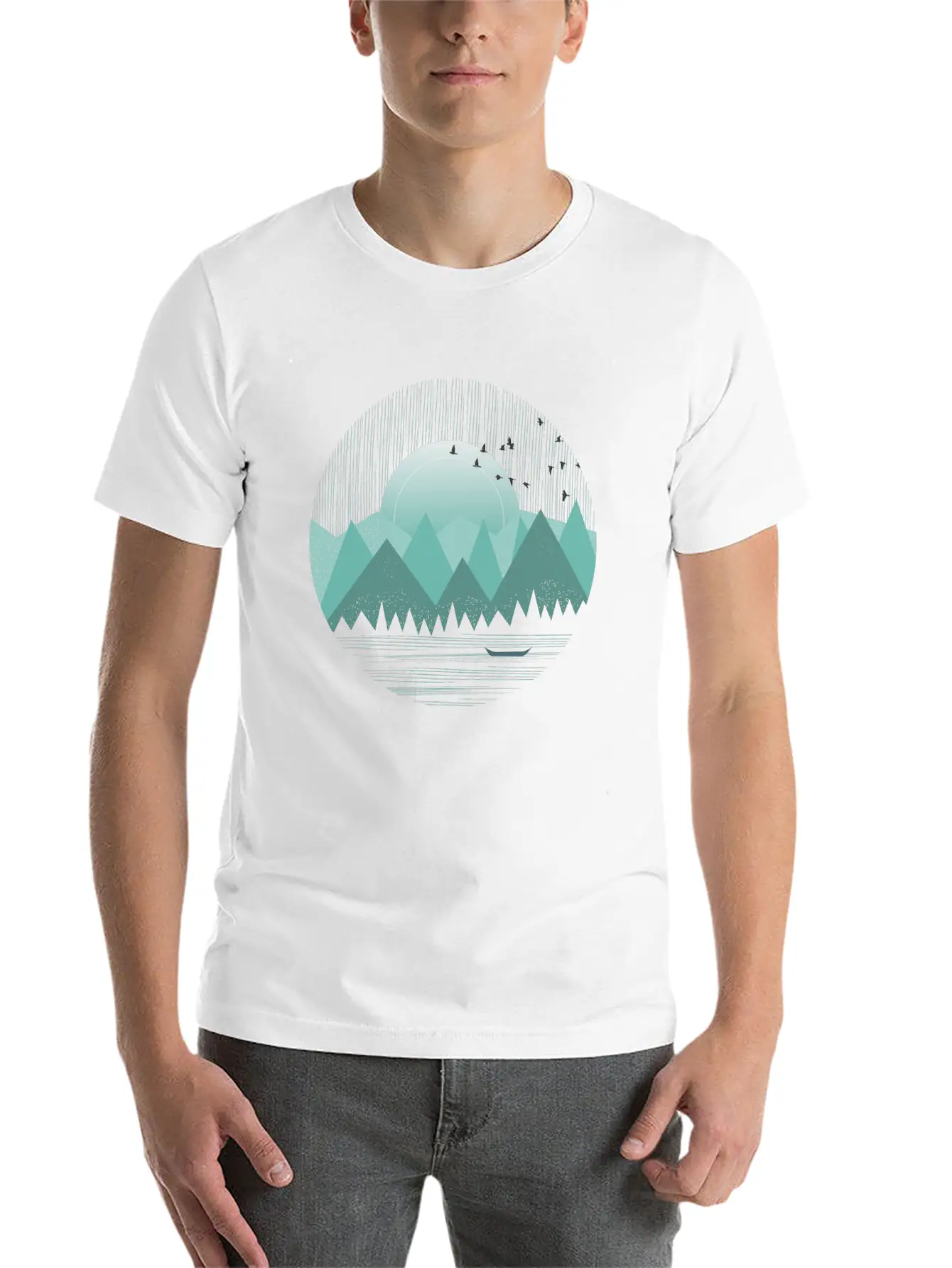 Mountain Range With Sunrise Water Boat Minimal Unisex Casual T-Shirt – Clean Design For Daily Comfort