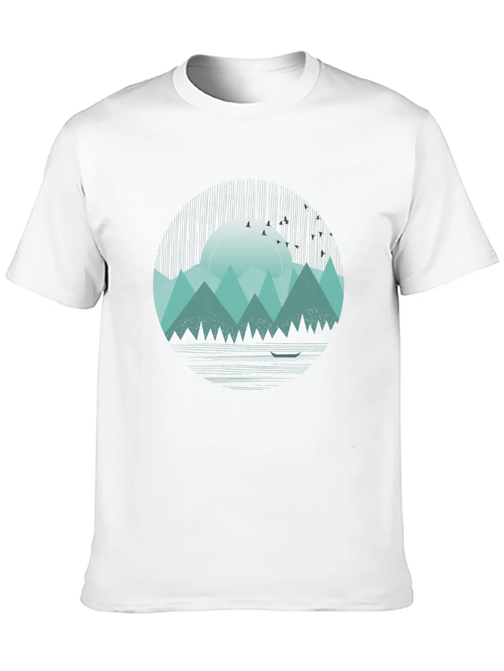 Mountain Range With Sunrise Water Boat Minimal Unisex Casual T-Shirt – Clean Design For Daily Comfort