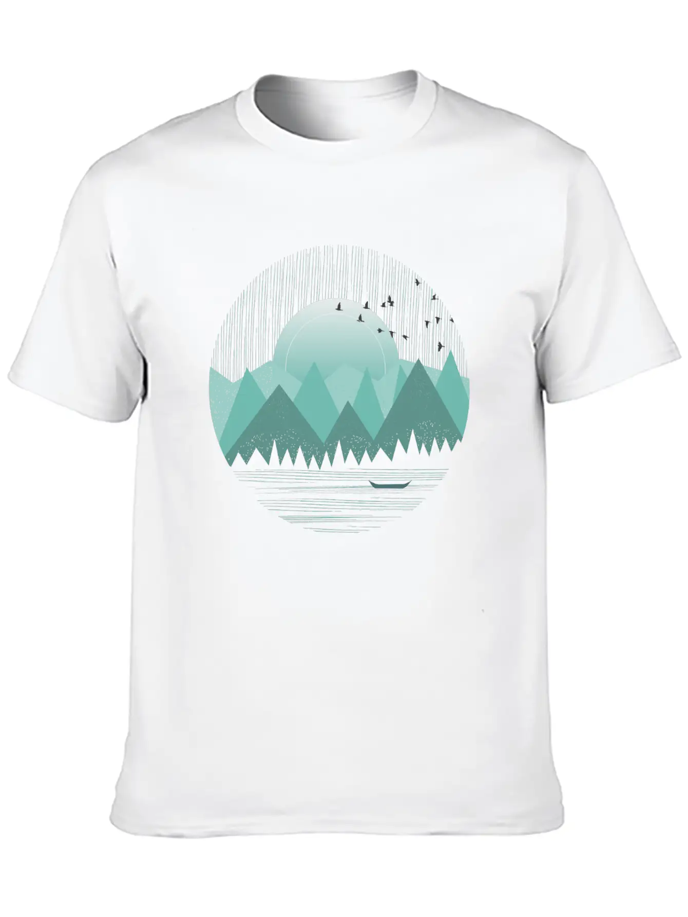 Mountain Range With Sunrise Water Boat Minimal Unisex Casual T-Shirt – Clean Design For Daily Comfort