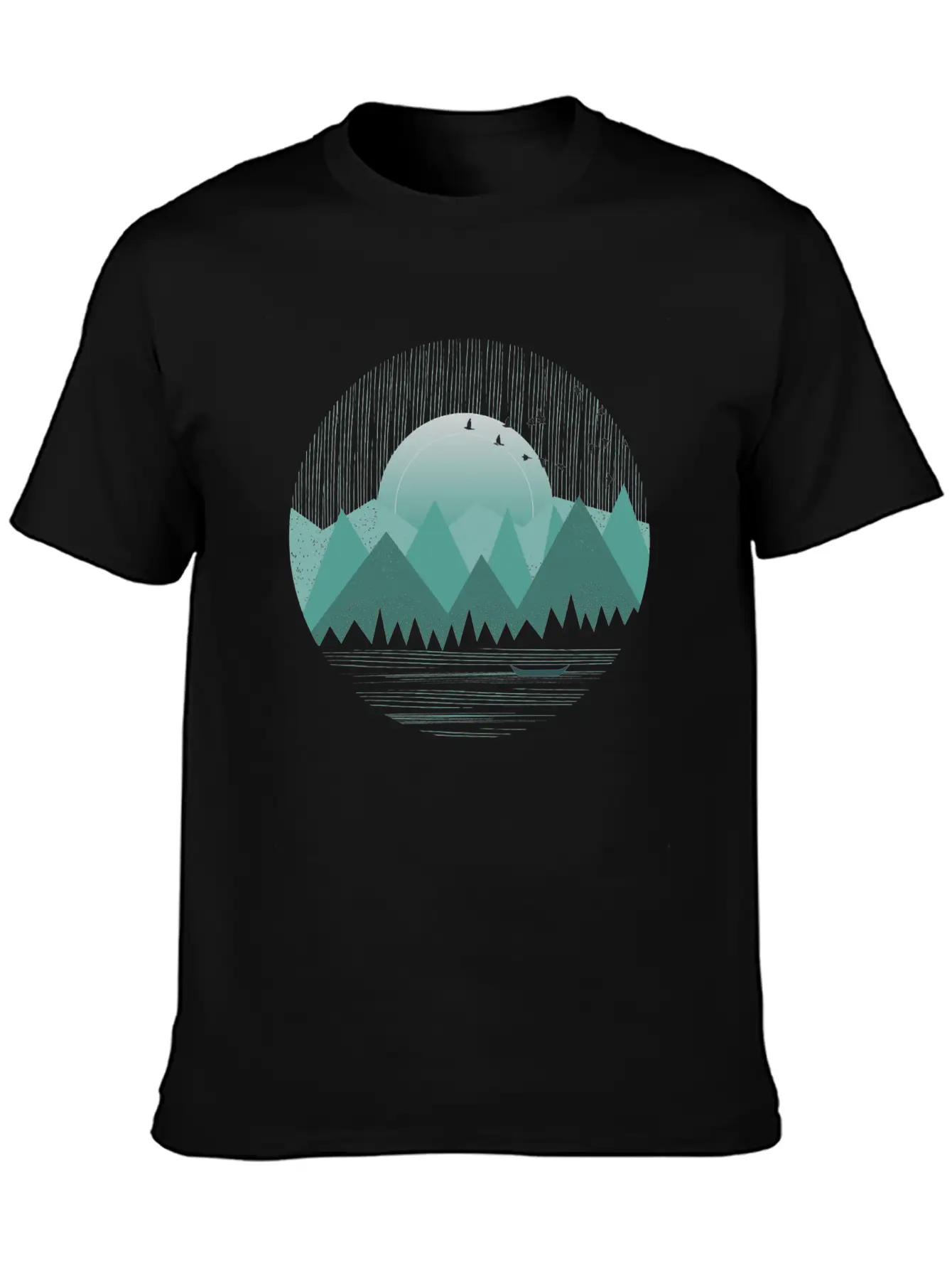 Mountain Range With Sunrise Water Boat Minimal Unisex Casual T-Shirt – Clean Design For Daily Comfort