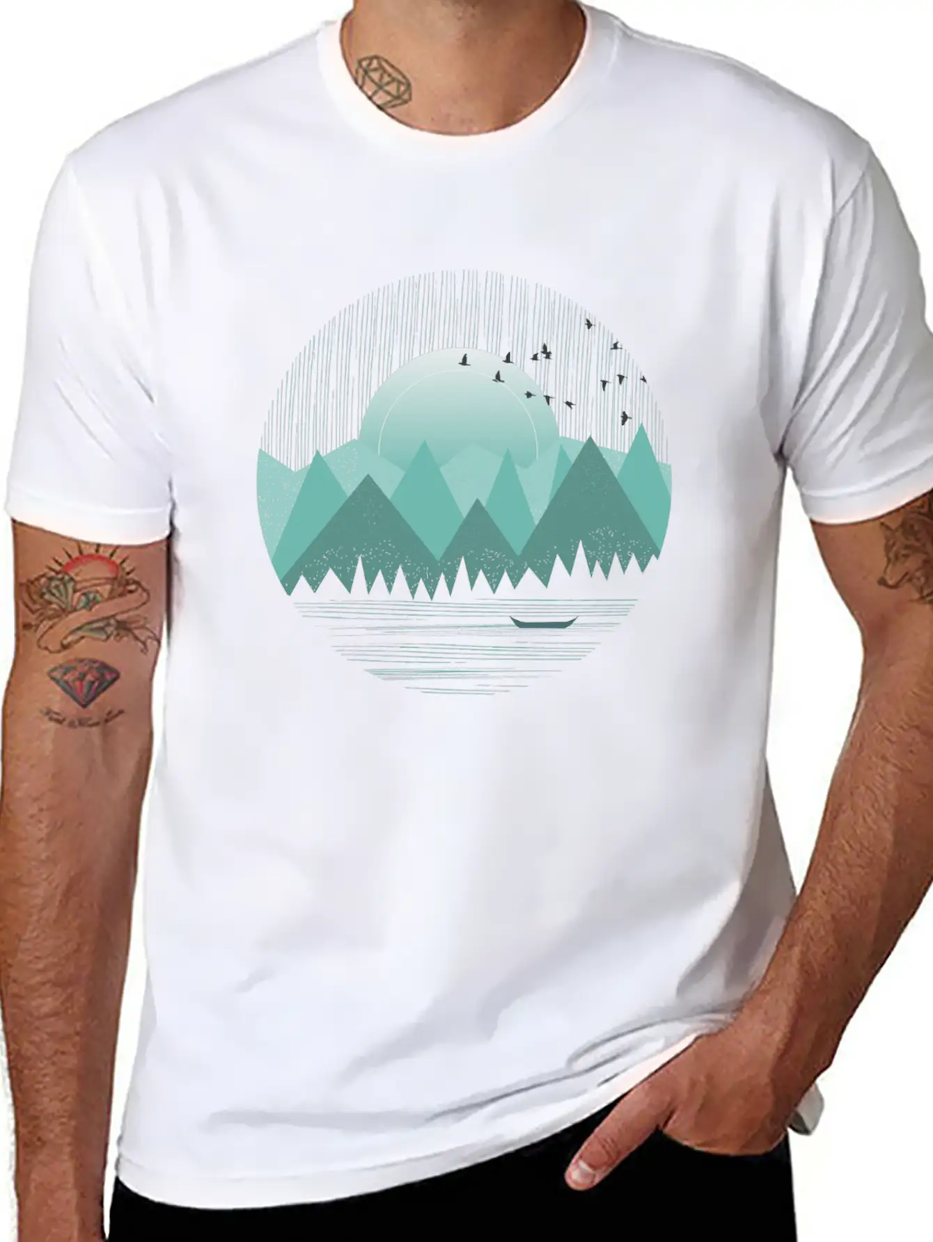 Mountain Range With Sunrise Water Boat Minimal Unisex Casual T-Shirt – Clean Design For Daily Comfort