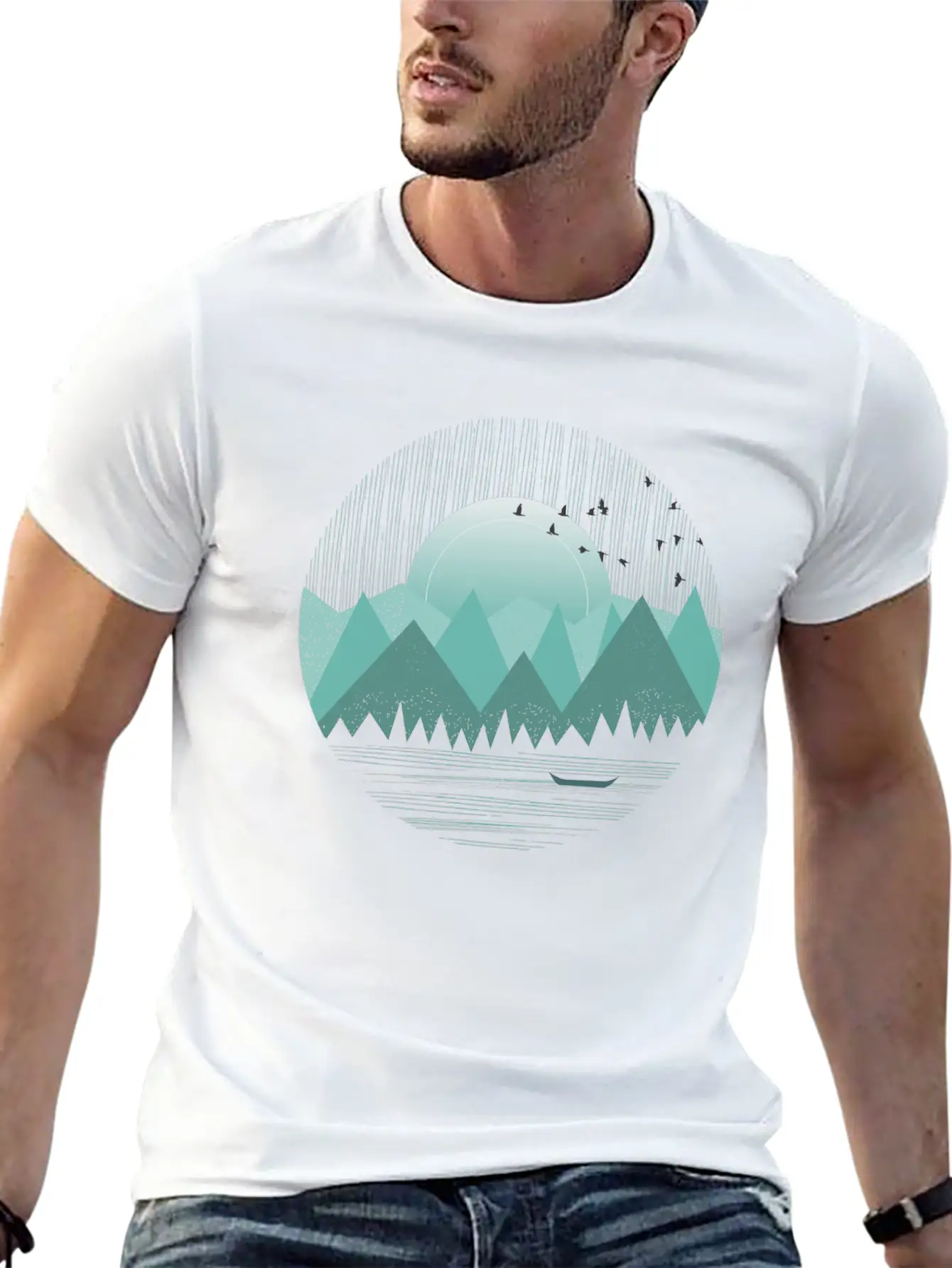 Mountain Range With Sunrise Water Boat Minimal Unisex Casual T-Shirt – Clean Design For Daily Comfort