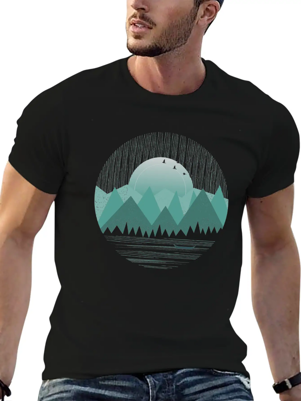 Mountain Range With Sunrise Water Boat Minimal Unisex Casual T-Shirt – Clean Design For Daily Comfort